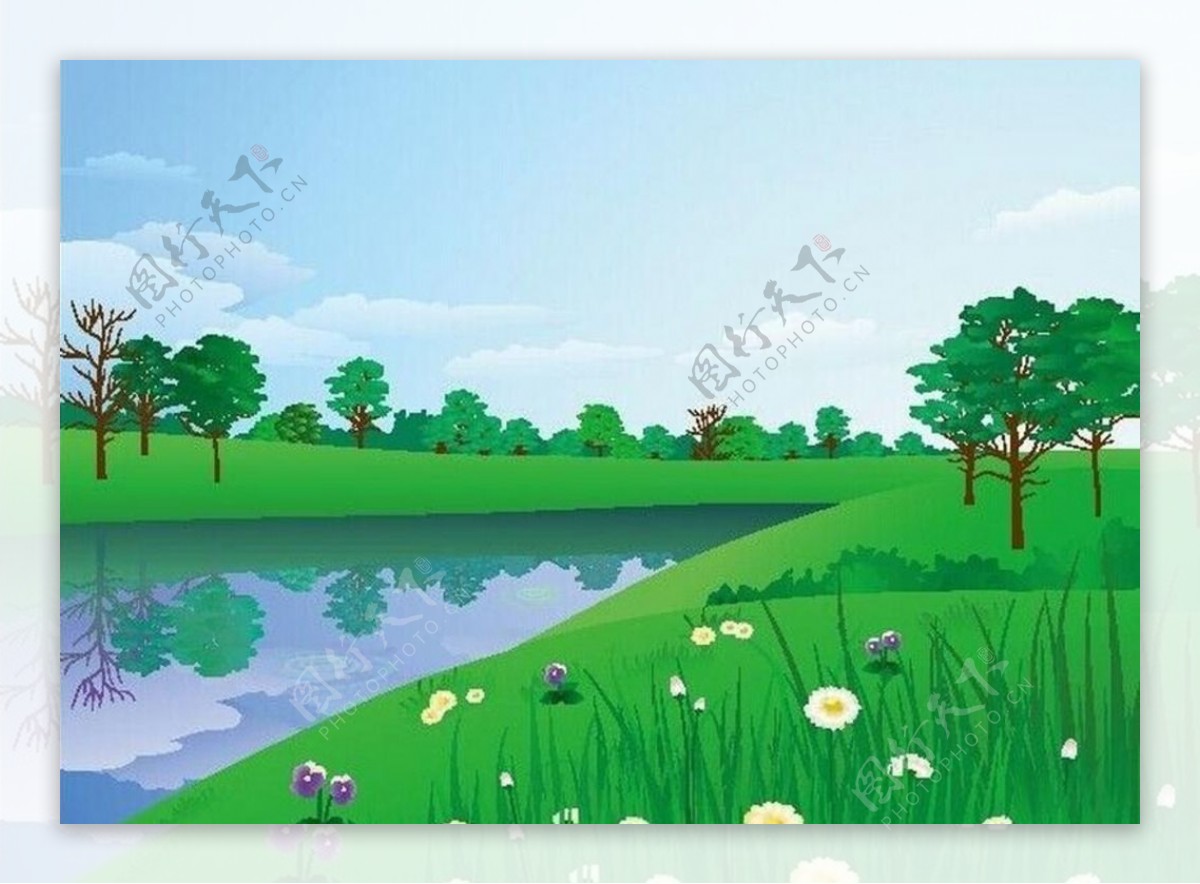草地池塘风景画