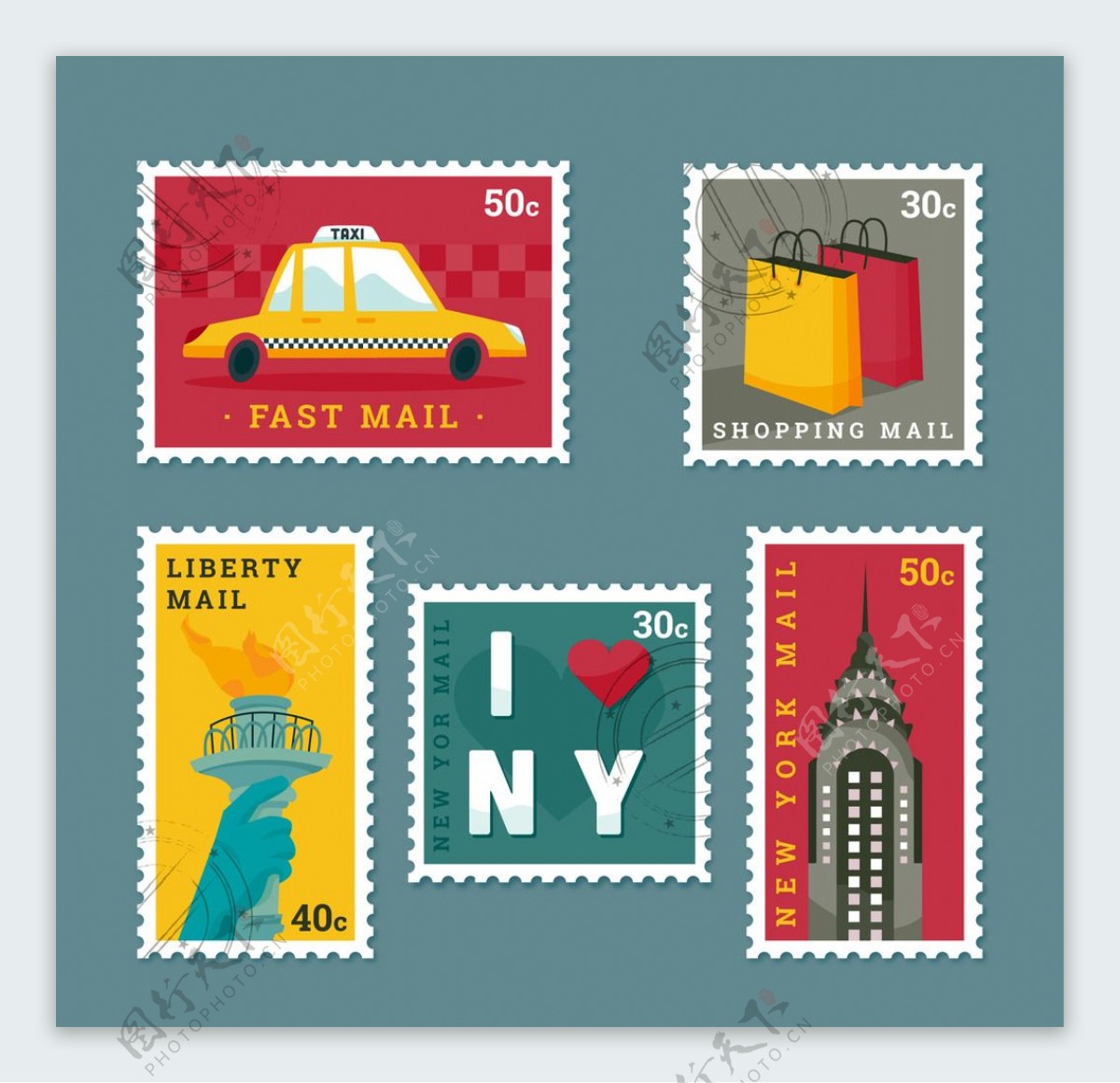 扁平化设计旅游邮票