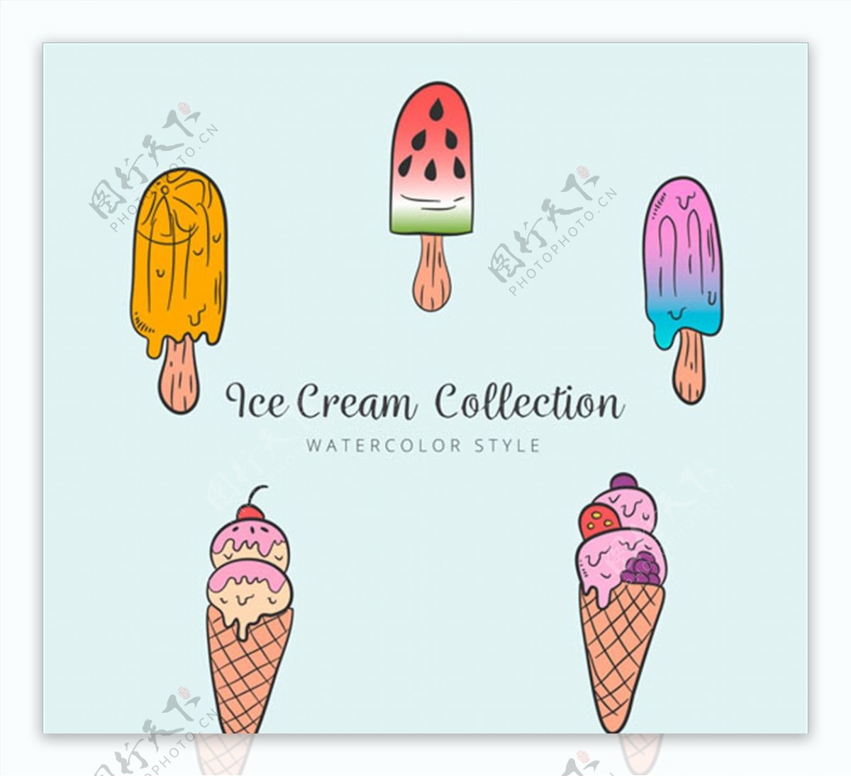 一组美味冰棒冰淇淋甜筒