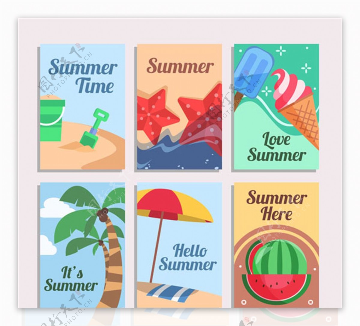 平面六种夏季元素装饰卡片