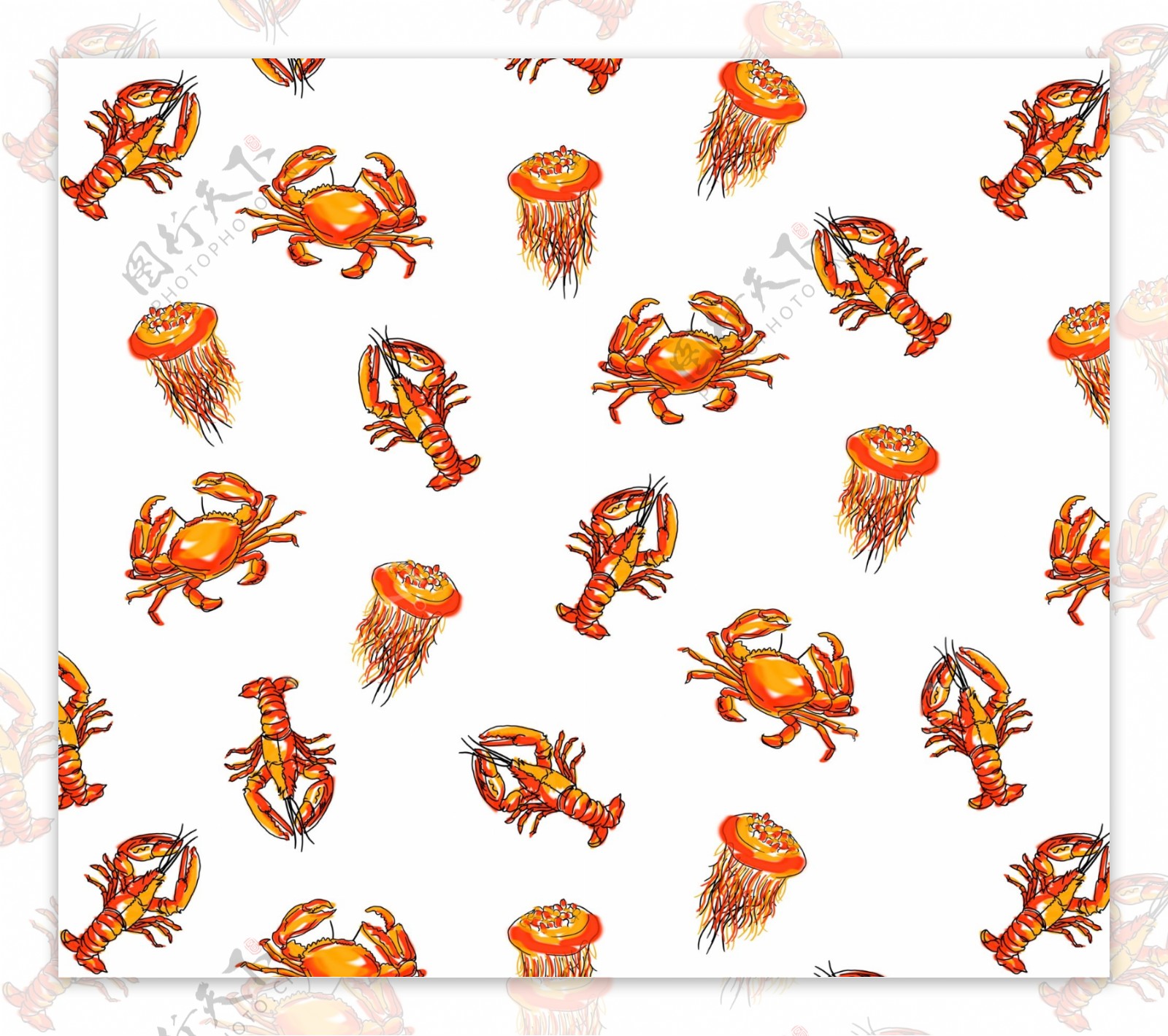 海鲜海洋生物鱼虾蟹四方连续底纹