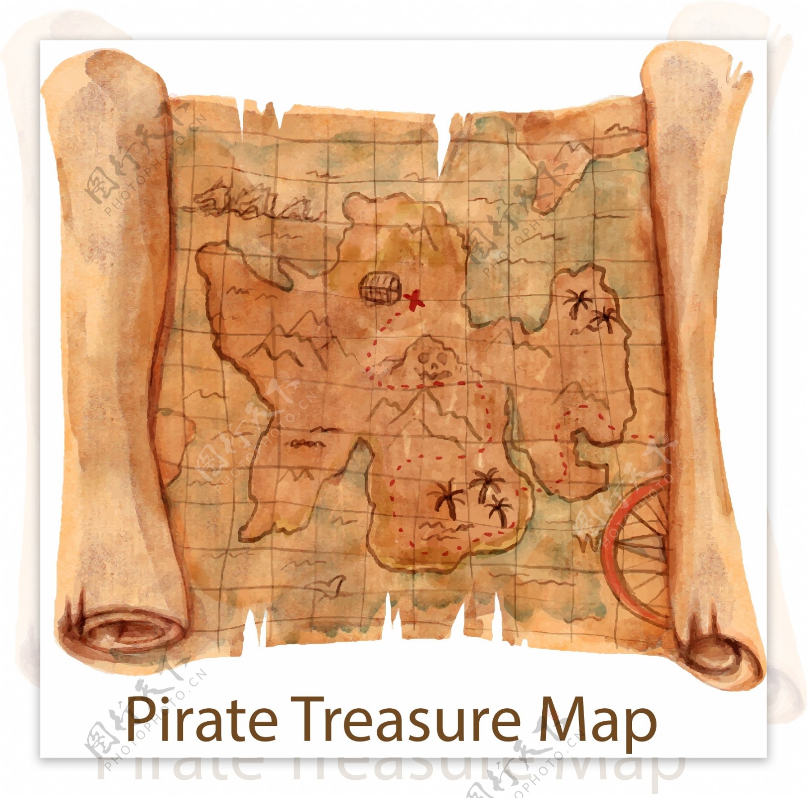 水彩海盗宝藏的地形图