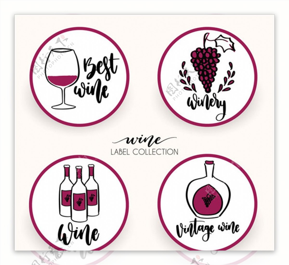 手绘四种葡萄酒标签
