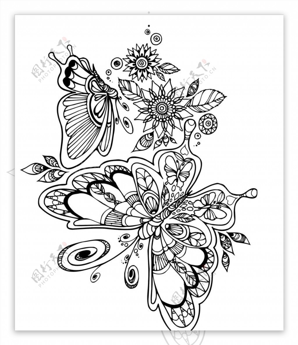 黑白花朵蝴蝶复杂剪纸底纹