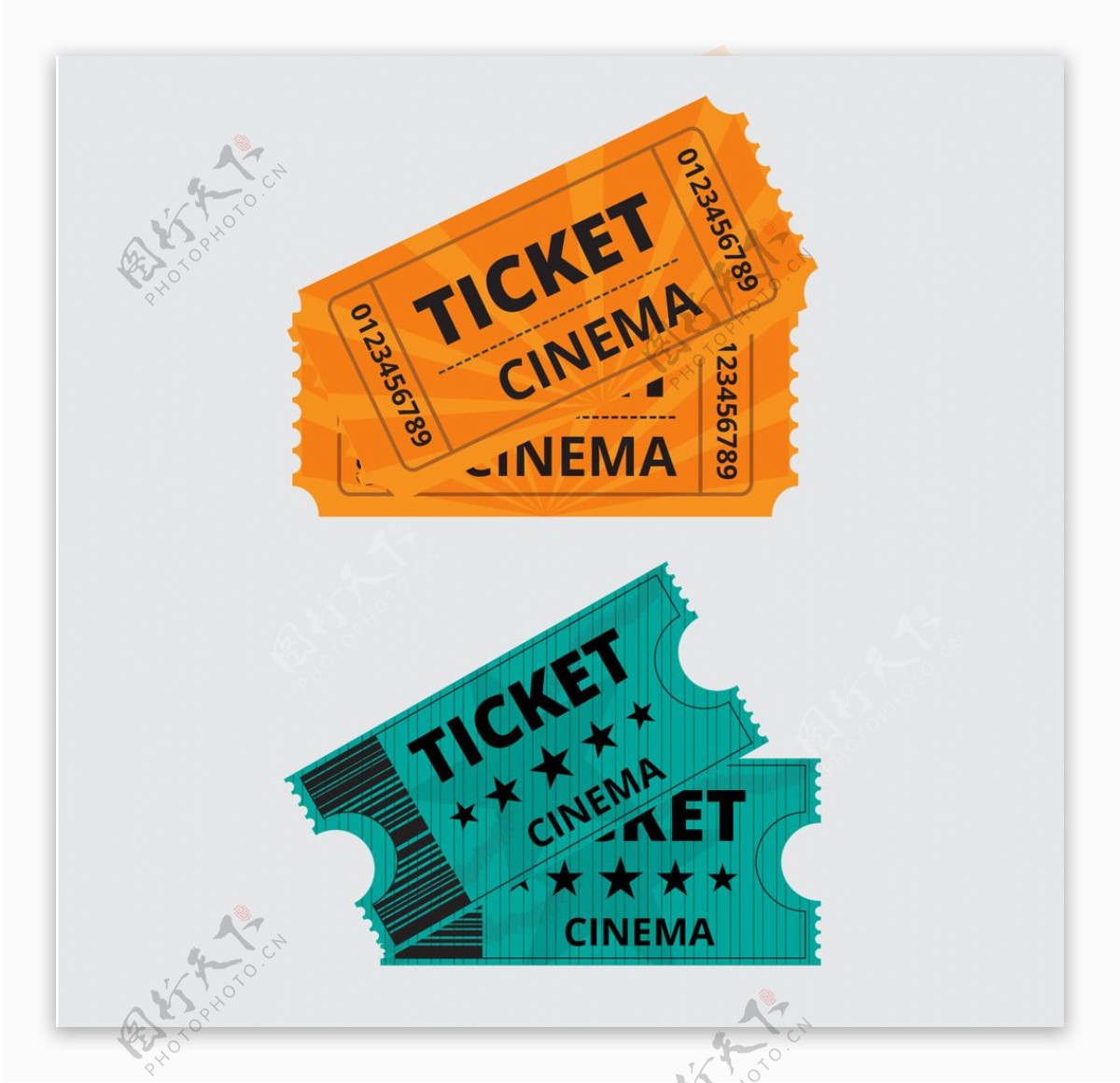 橙色和绿色的老式电影票