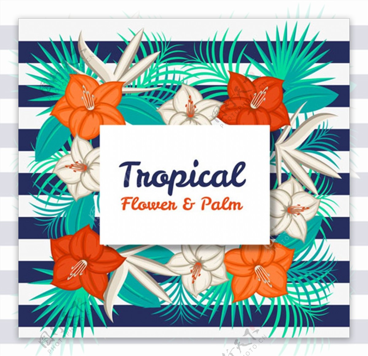 热带花卉和棕榈叶的条纹背景