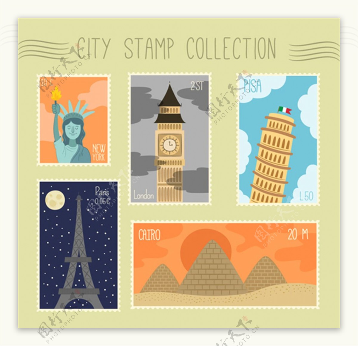 大量的城市邮票