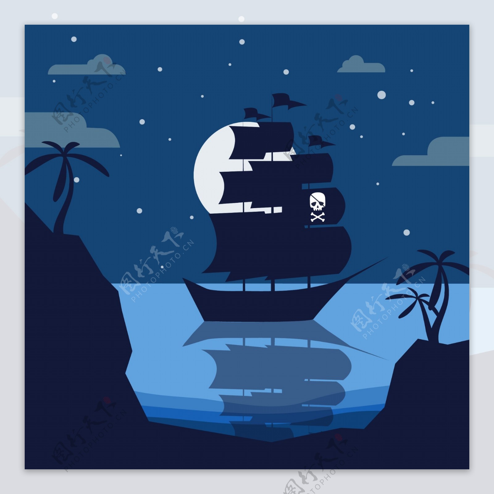 卡通在夜晚行驶的海盗船