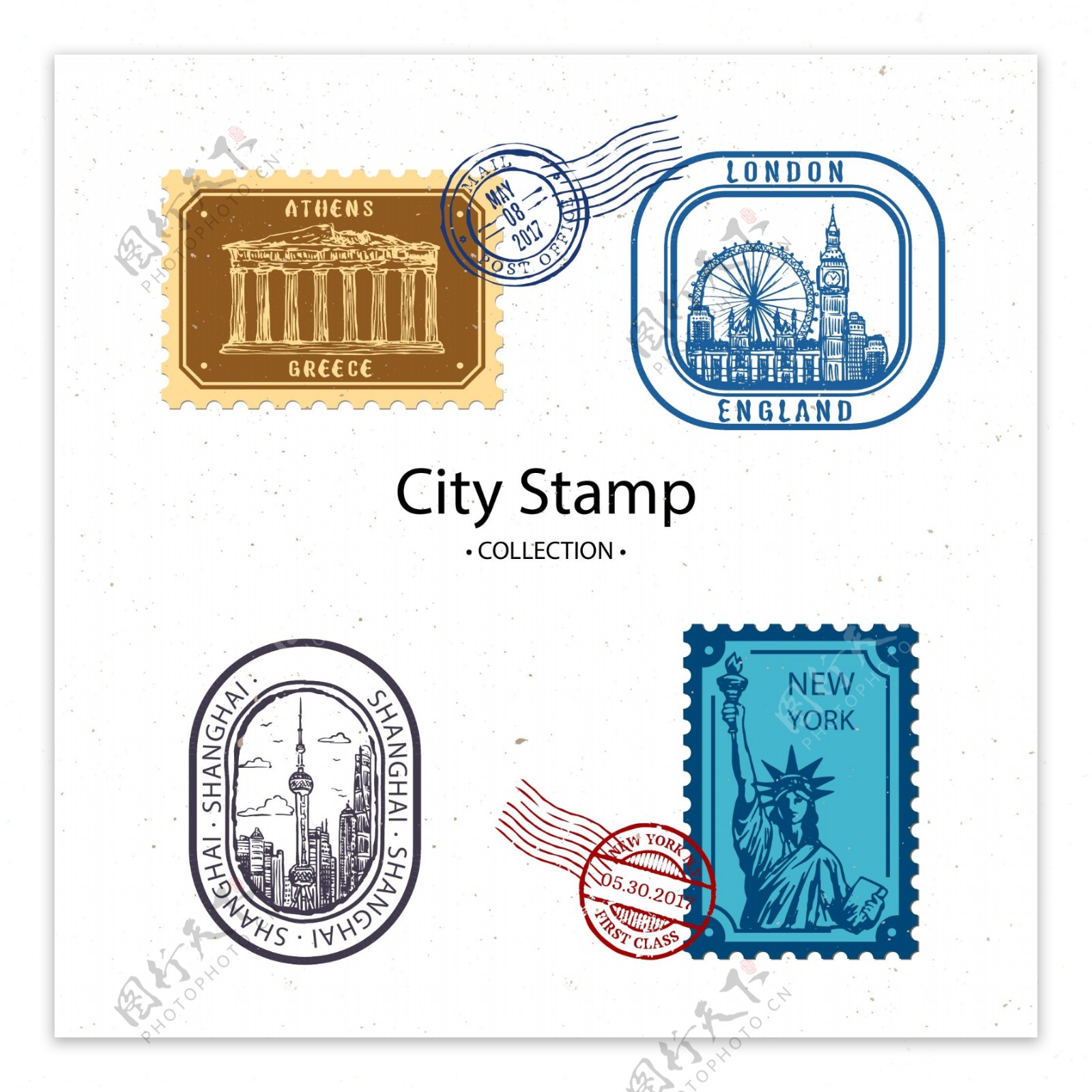 手绘四座城市邮票