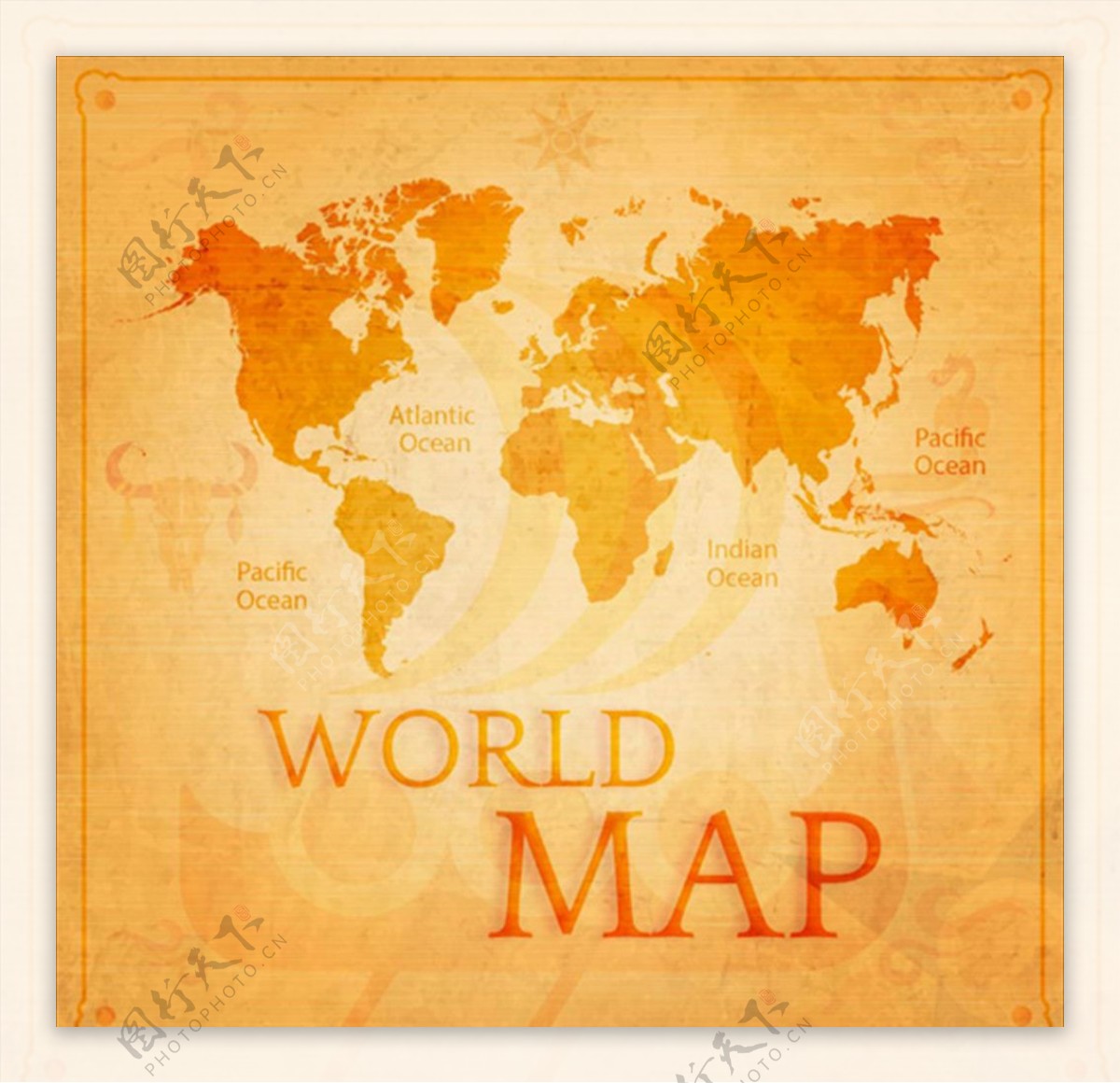 桔色色调的复古世界地形图