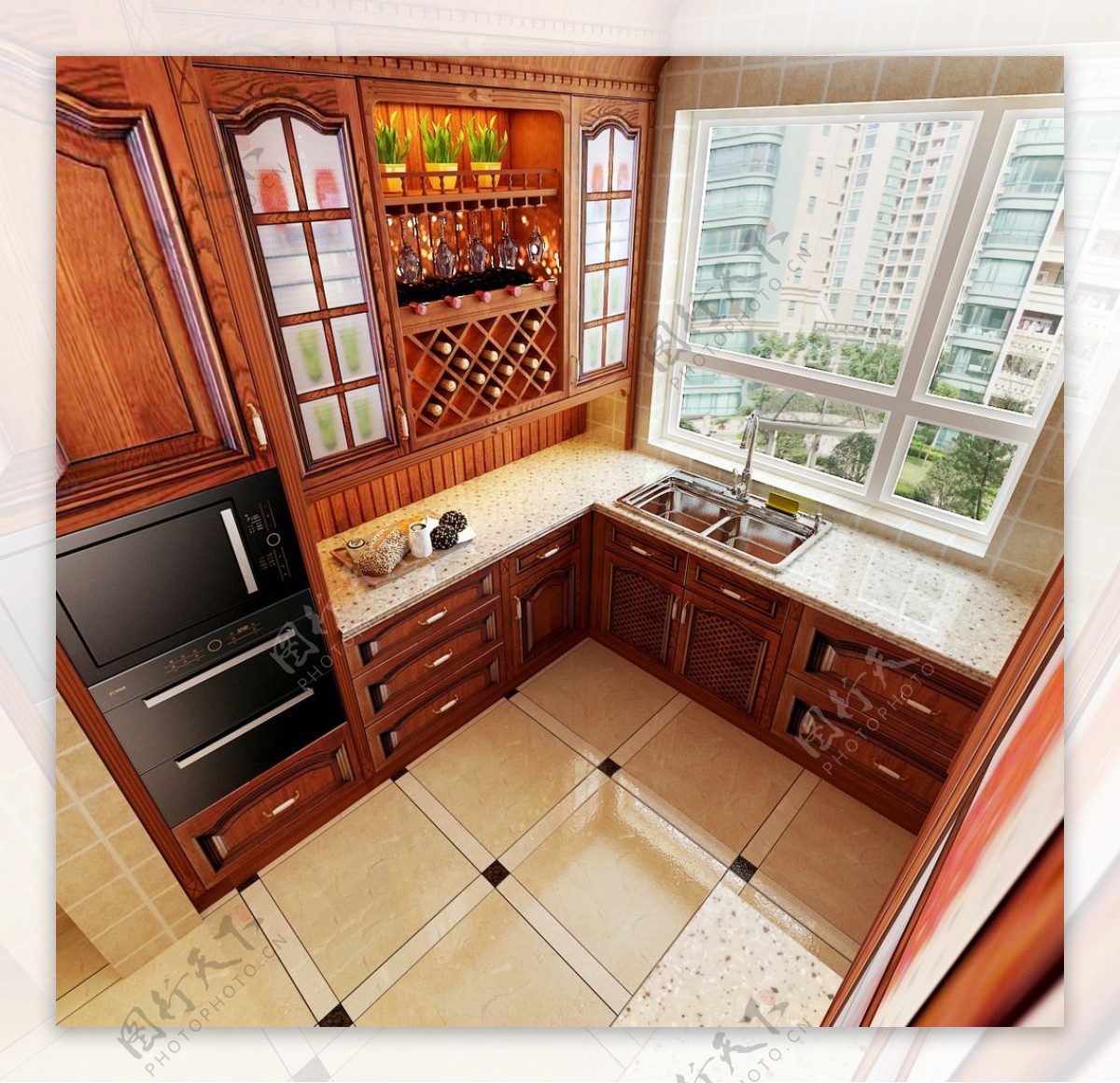 136平米转角厨房原木色橱柜装修设计效果图_别墅设计图