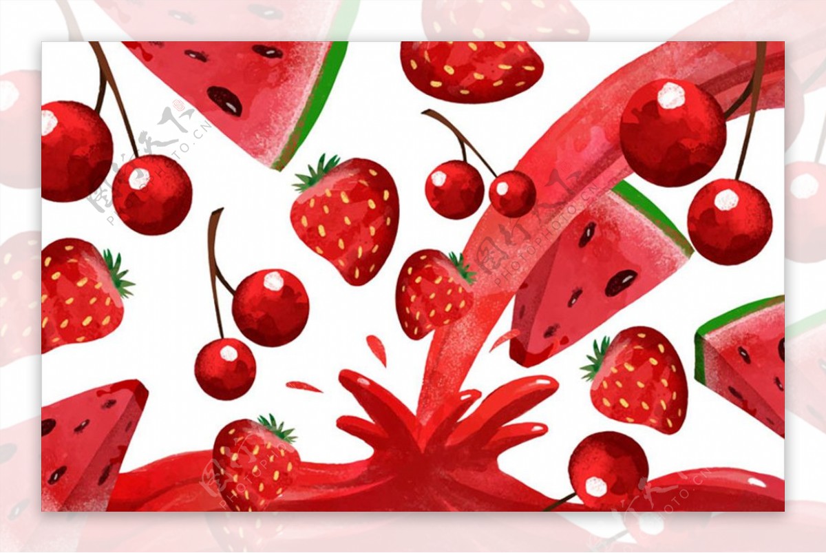 手绘水彩樱桃西瓜草莓汁插图