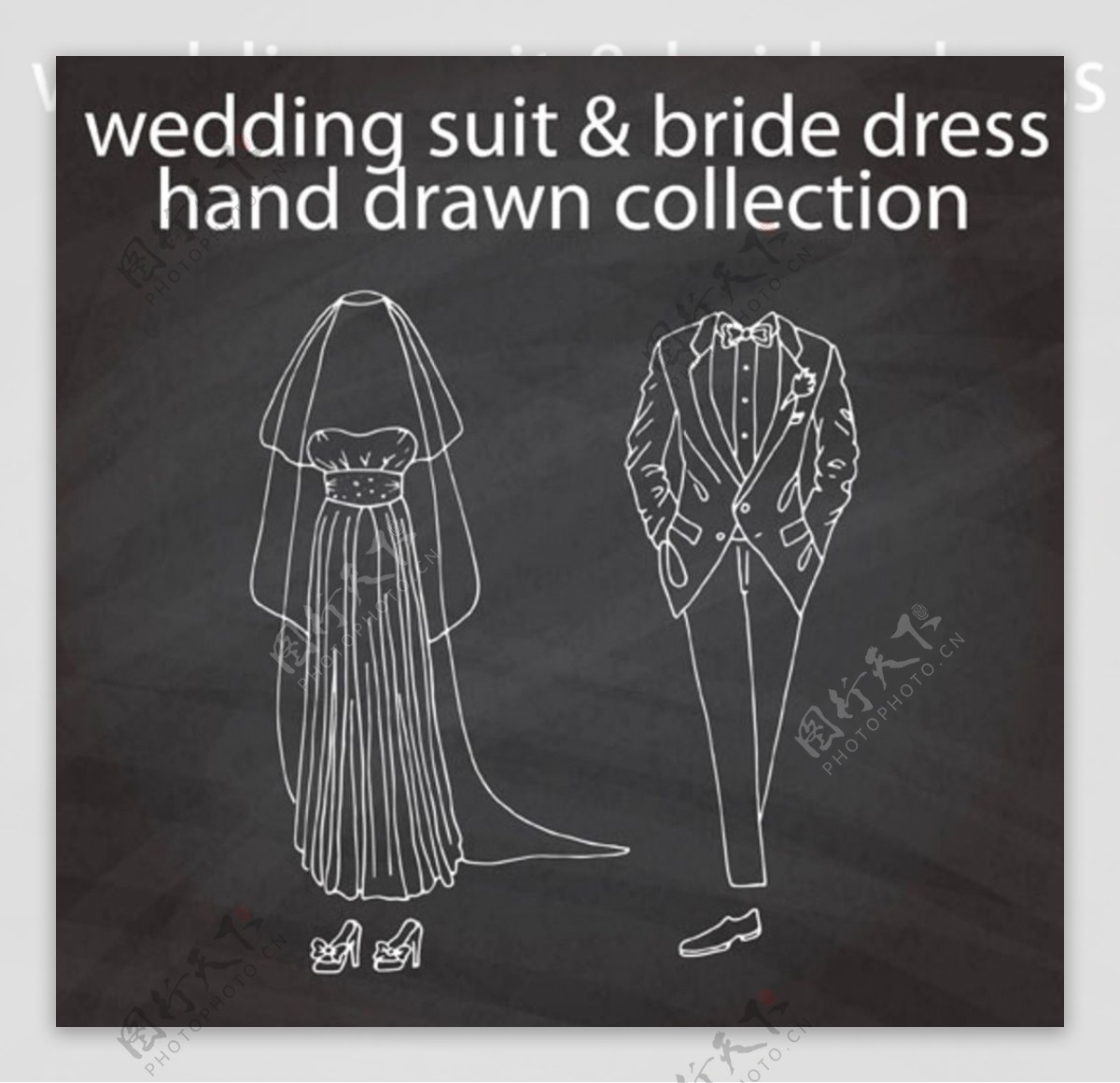 黑板上婚礼西装礼服草图