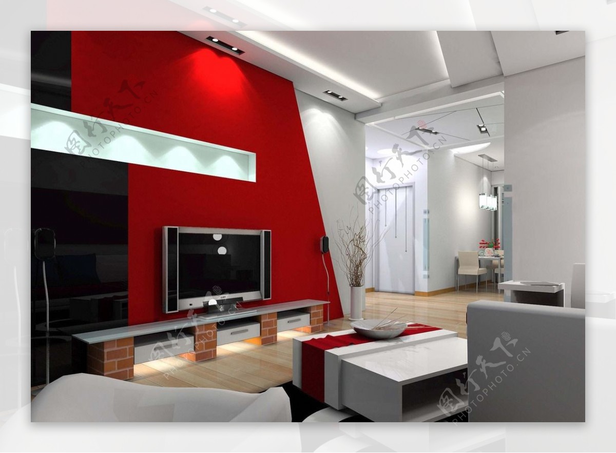 红色现代风格室内施工图附效果图