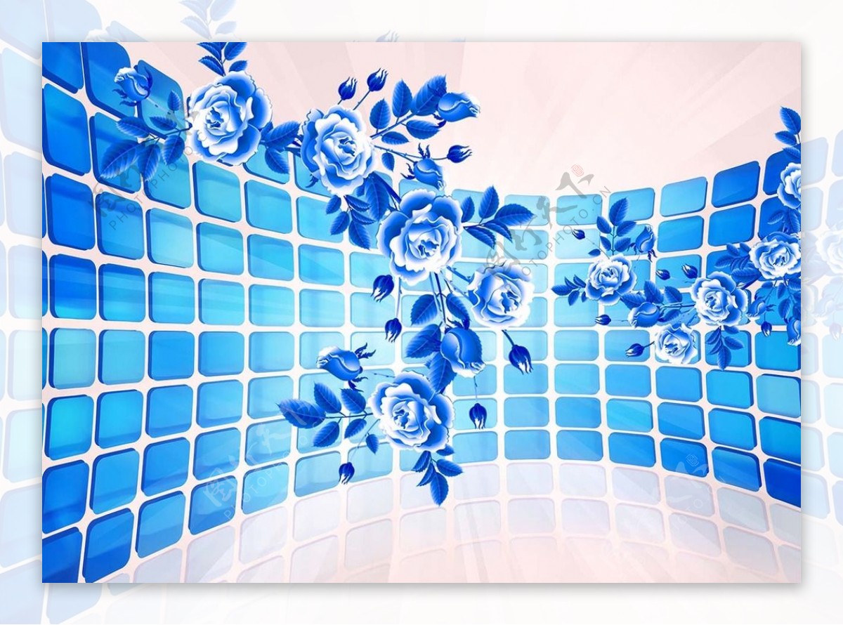 方块蓝色牡丹花背景墙