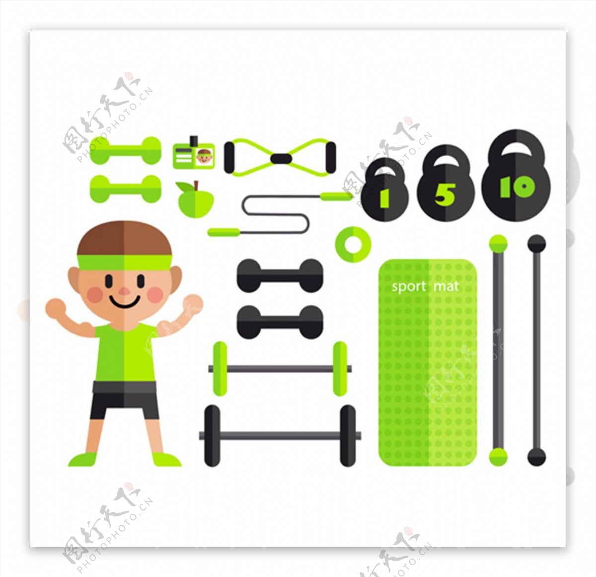 卡通绿色健身器材元素集