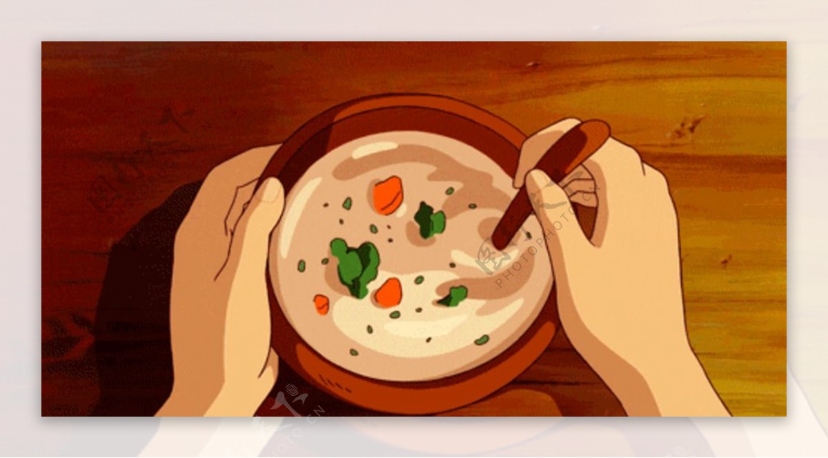 勺子搅动肉粒蔬菜香葱浓汤动态图