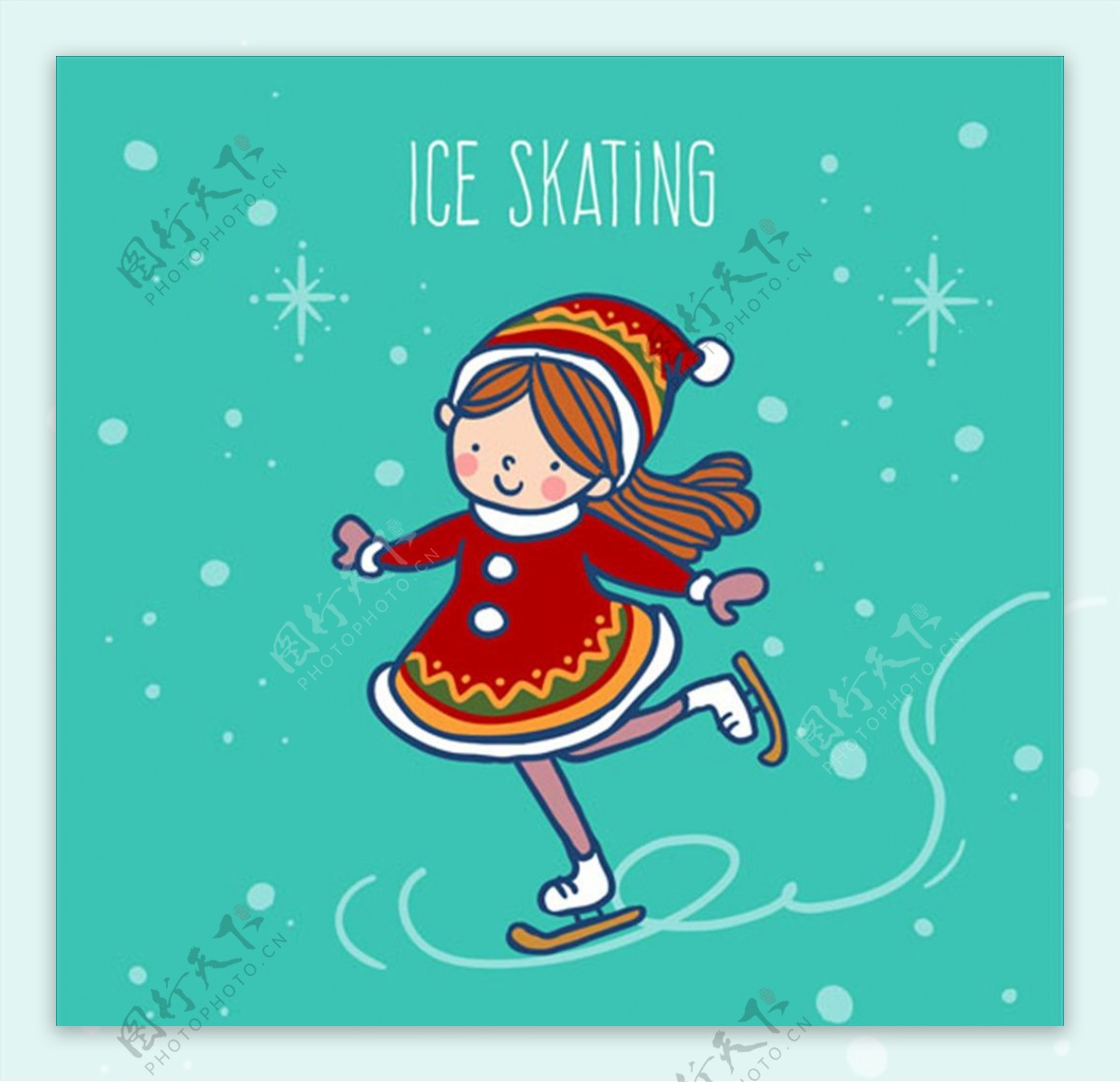手绘简笔女孩在滑冰
