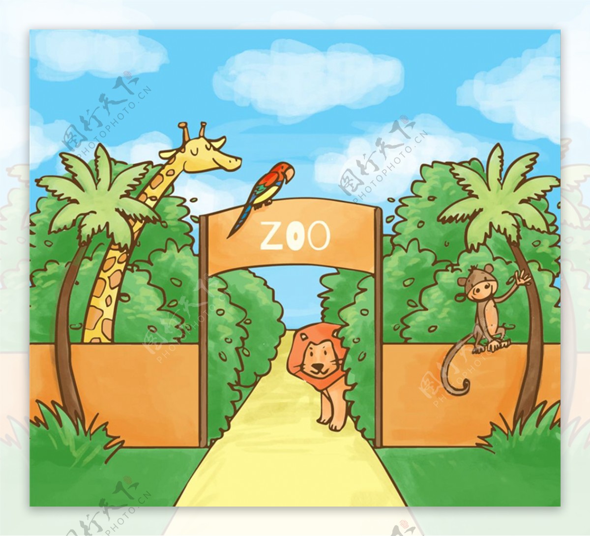 彩绘动物园大门插画矢量素材