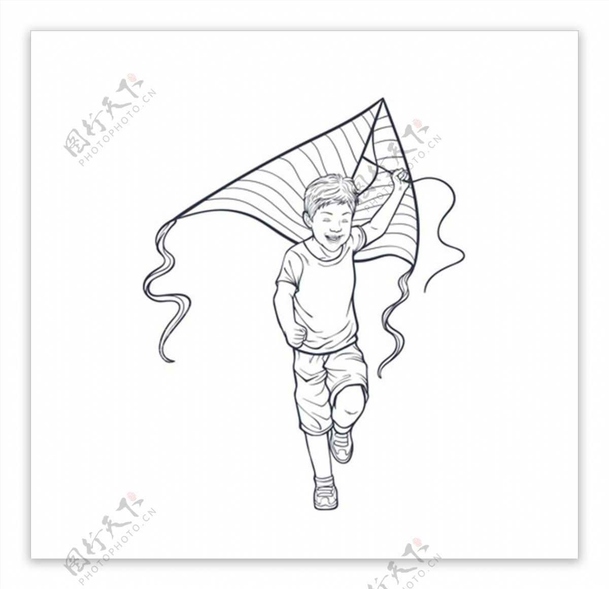 手绘线稿儿童节放风筝的孩子
