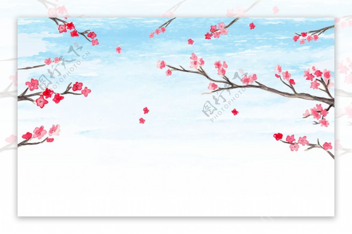 春季水彩蓝天樱花海报背景