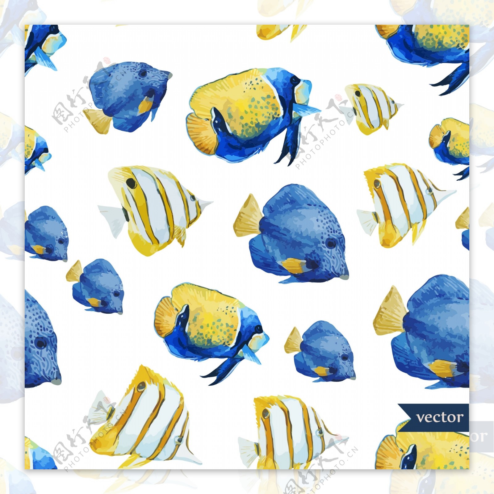 蓝色小鱼水彩夏日海洋动物元素