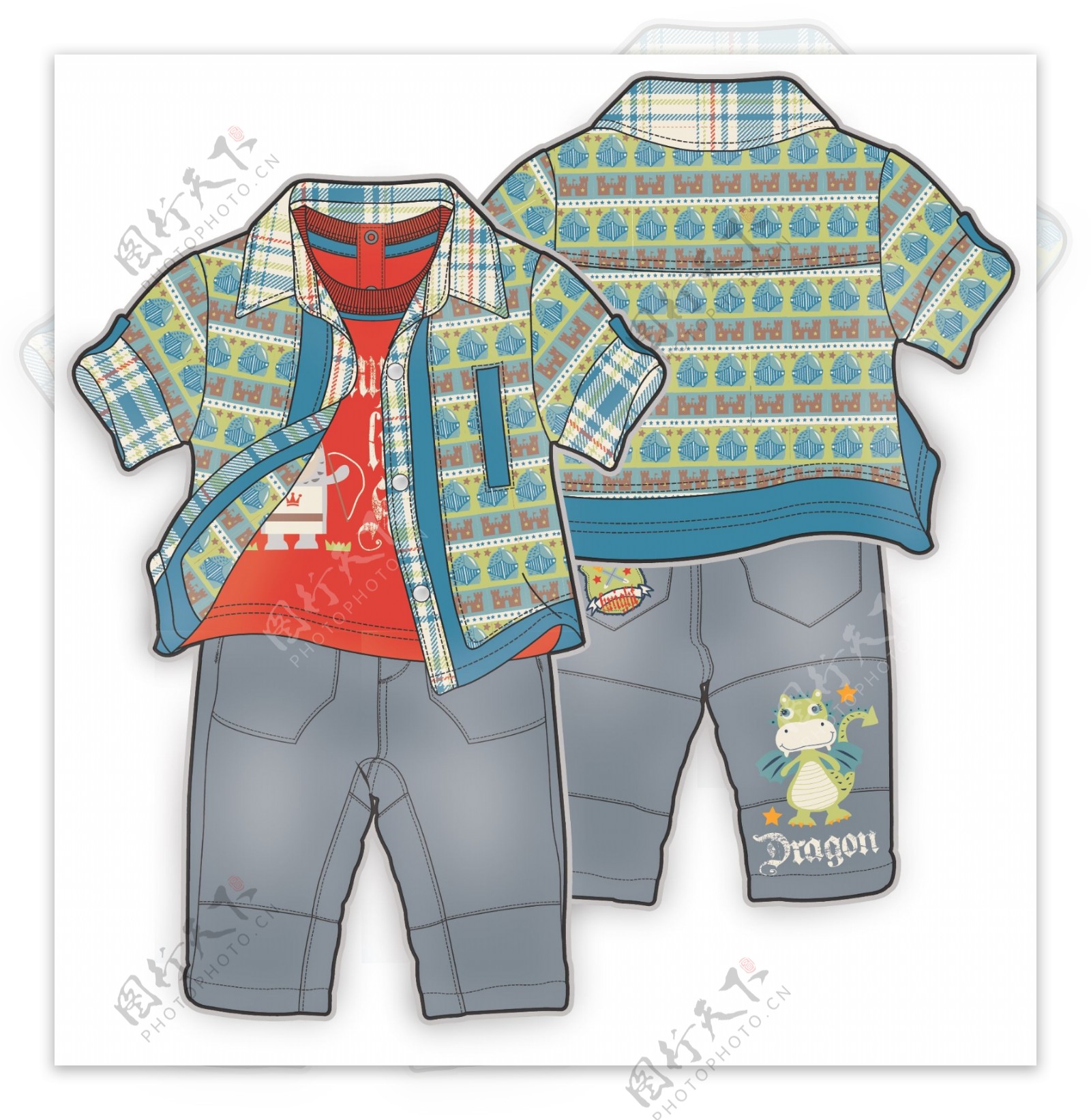 花纹套装婴儿服装彩色设计矢量素材