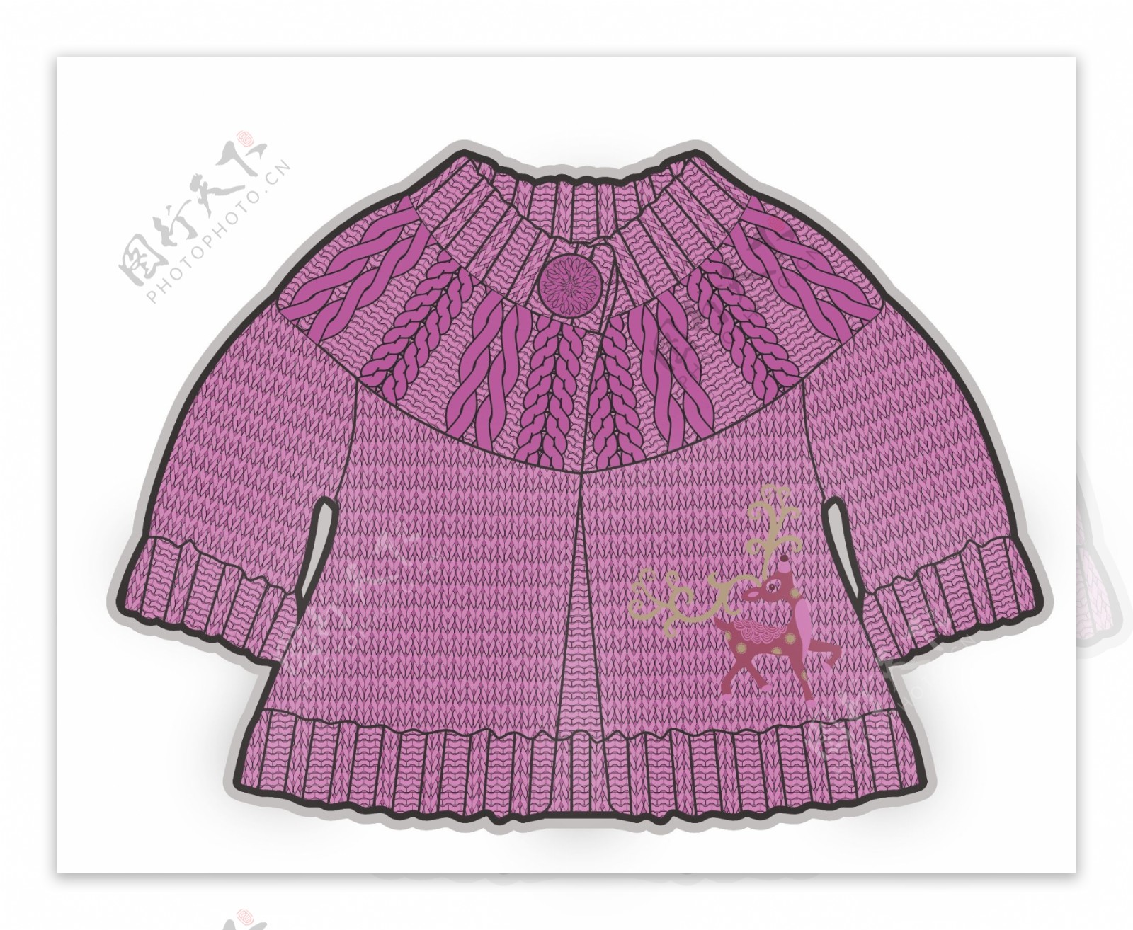 紫色纽扣外套小女孩服装设计秋冬彩色原稿