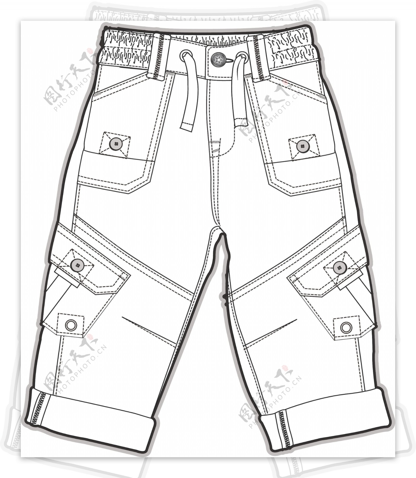 多口袋长裤小男孩服装设计线稿矢量素材