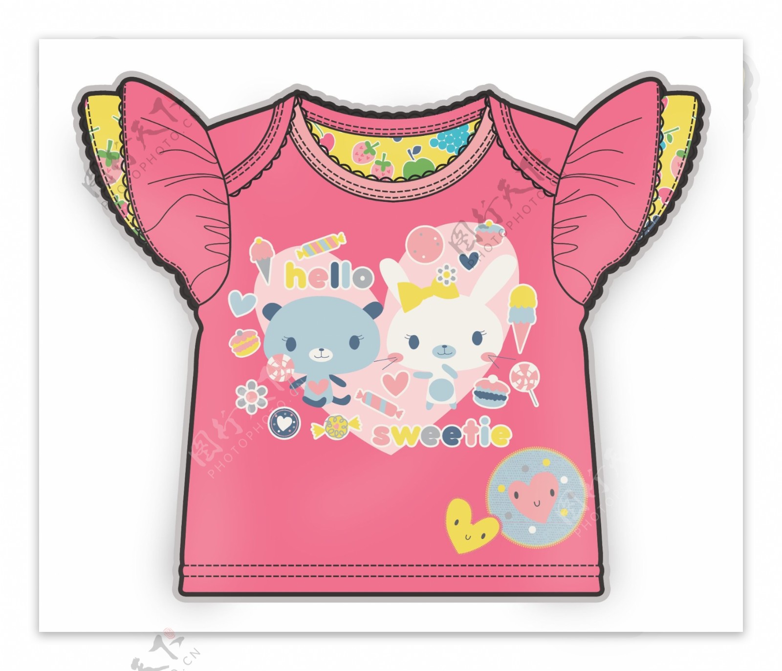飞袖粉色女宝宝服装设计彩色原稿矢量素材