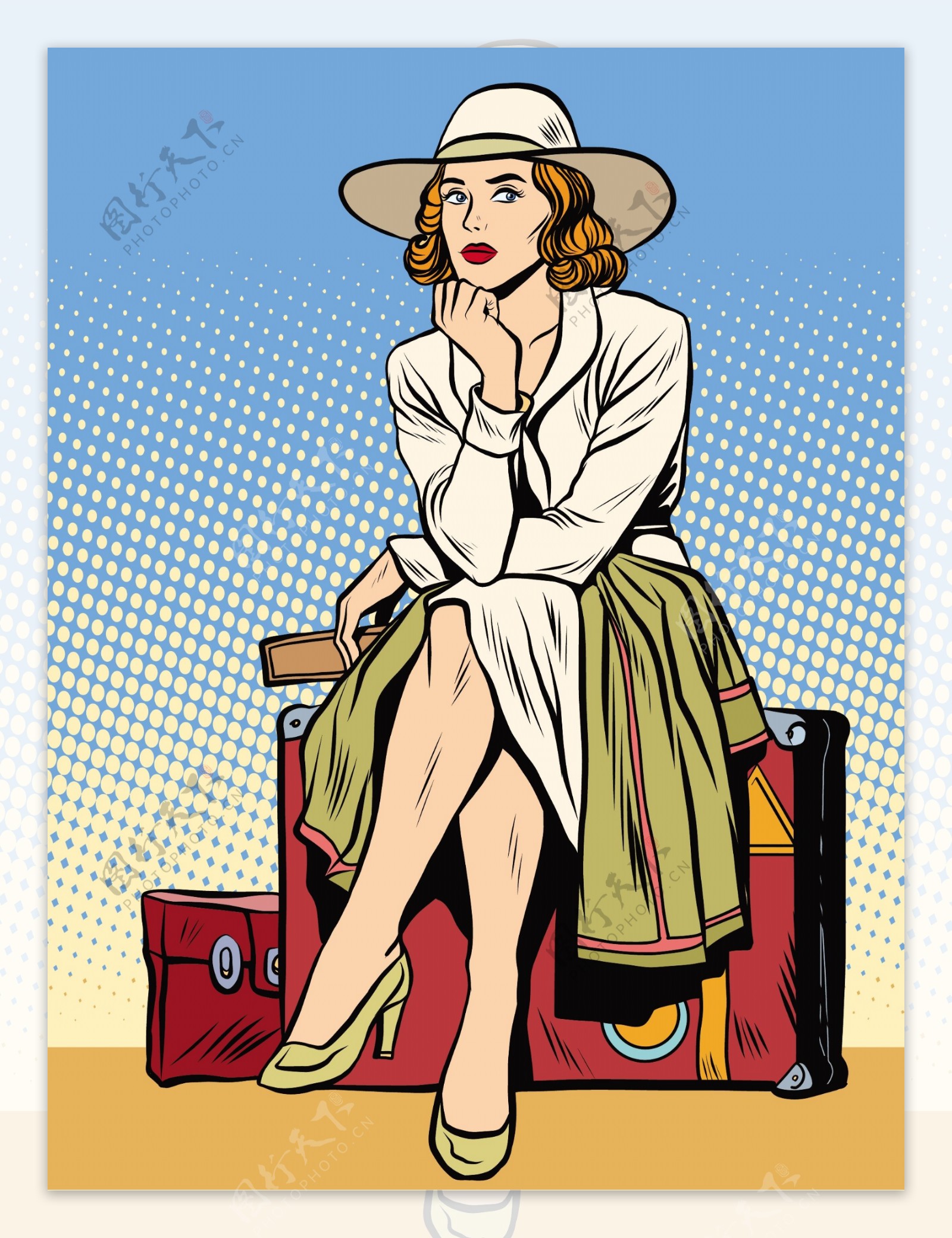 坐在旅行箱的女人漫画风格人物矢量素材