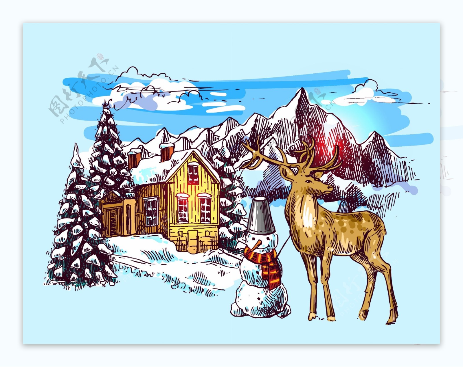 小鹿和雪人雪山冬季动物拟人装饰画矢量