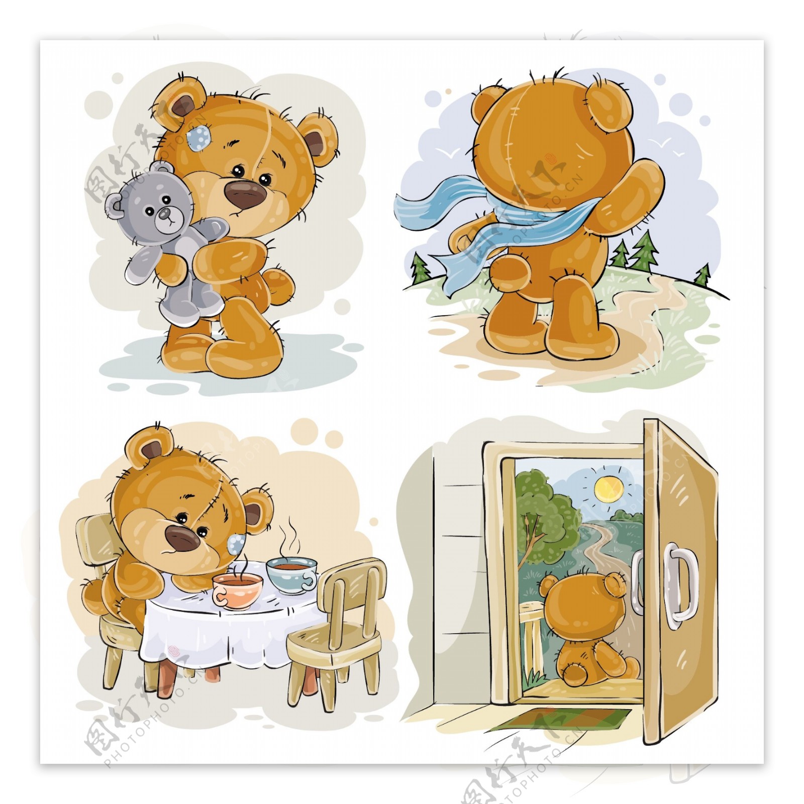 4款彩绘泰迪熊设计矢量素材