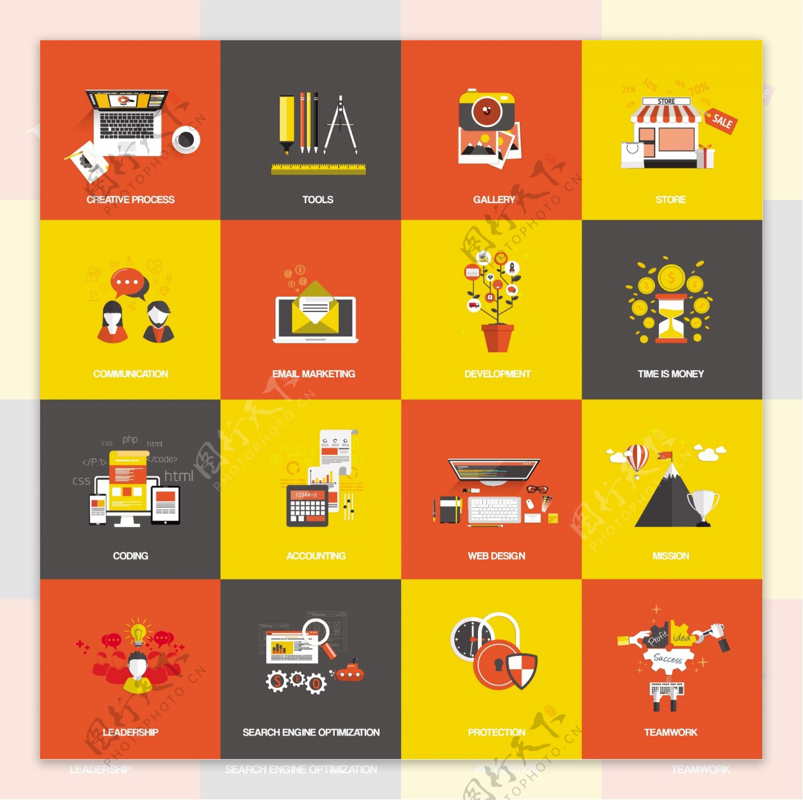 红色黄色格子分布创意图标素材