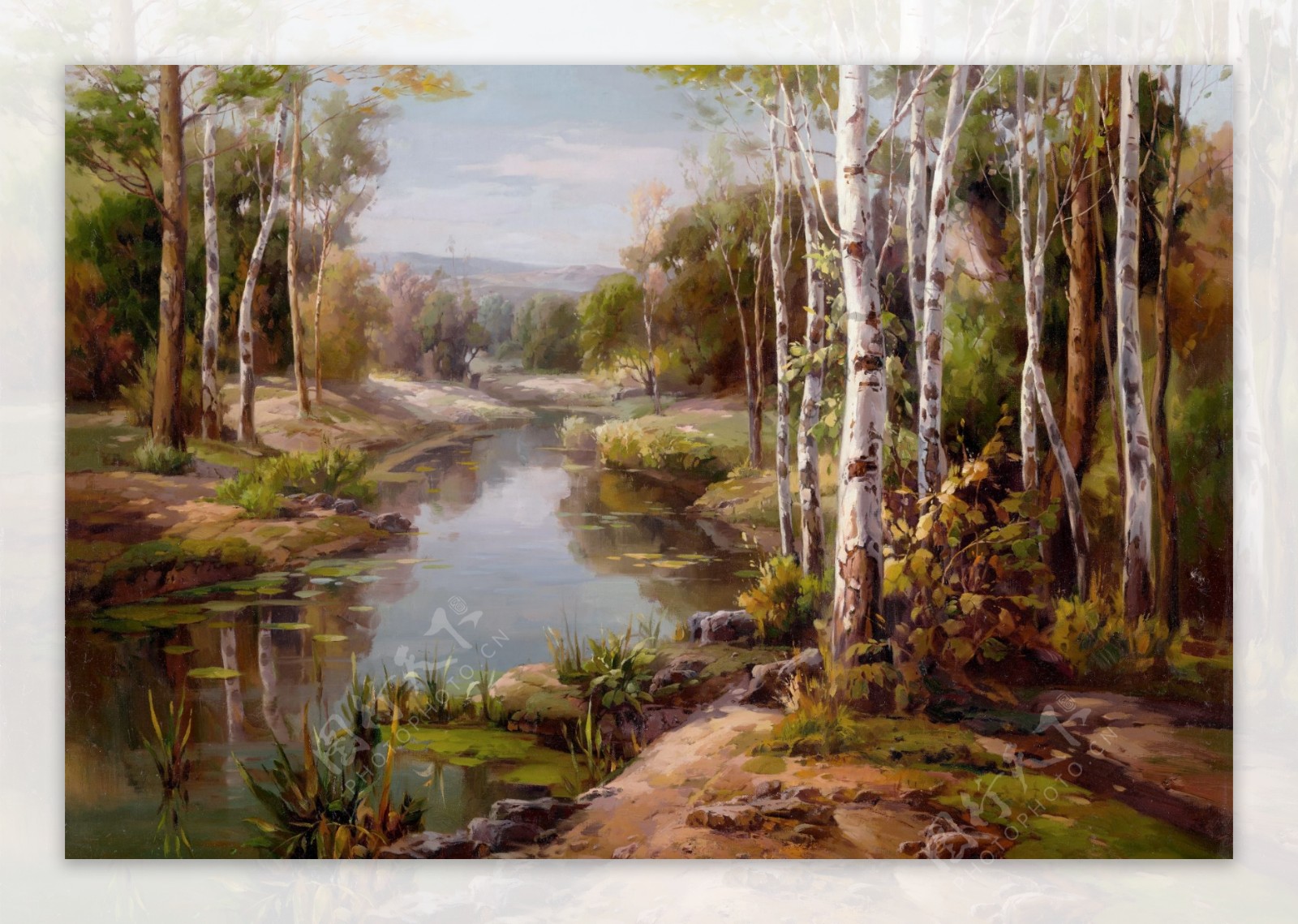 白桦林森林风景油画背景墙
