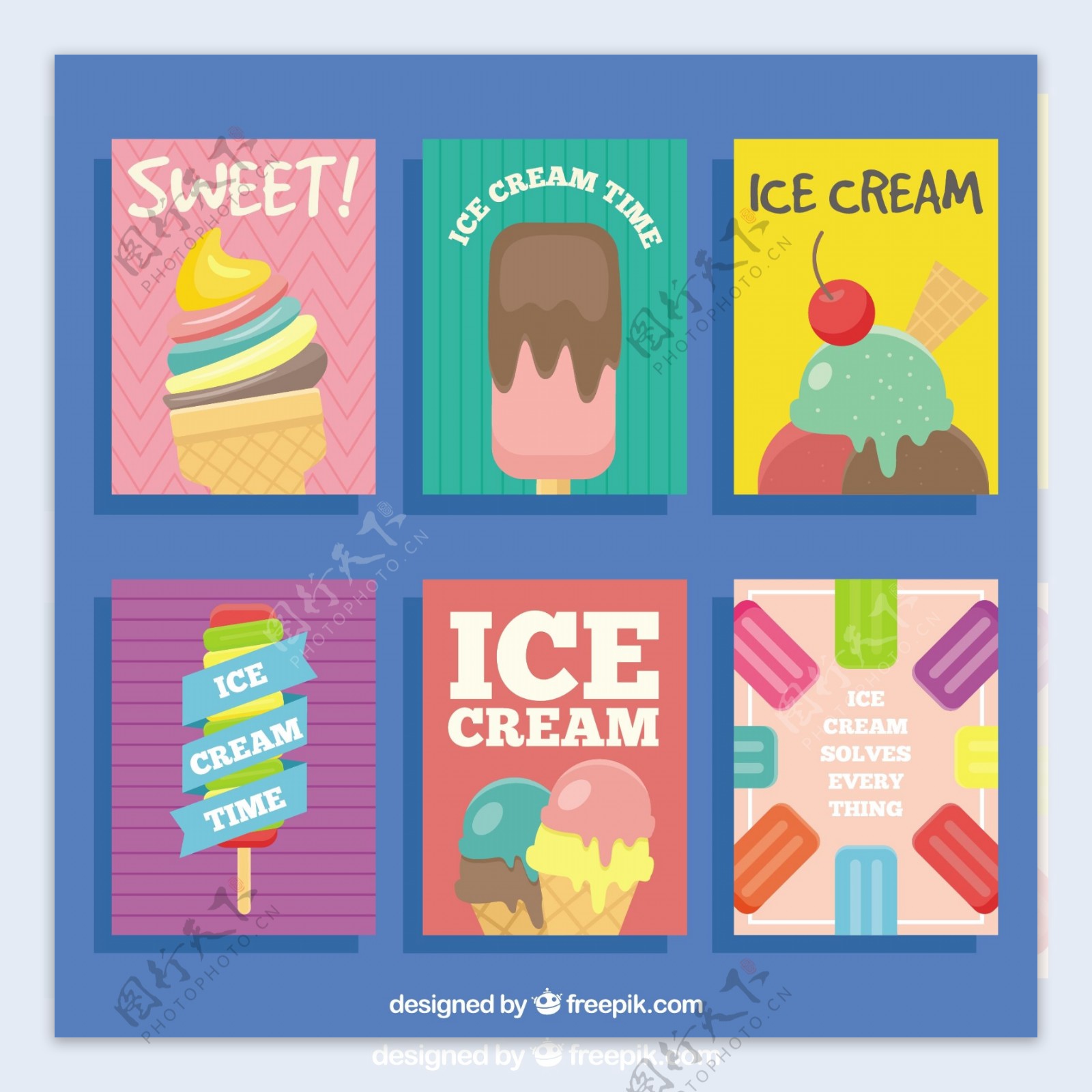 六个梦幻般冰淇淋雪糕平面设计卡片