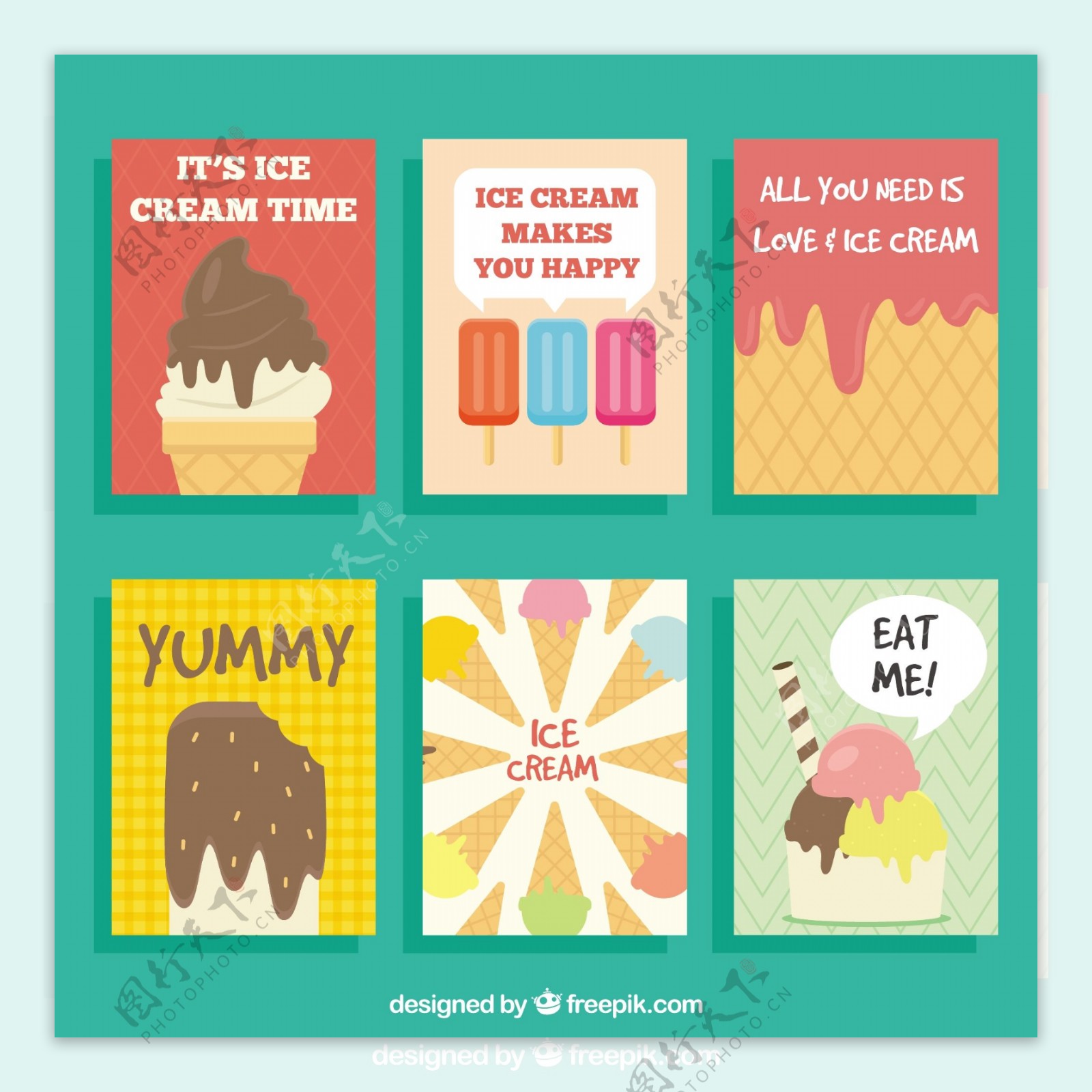 各种冰淇淋雪糕插图平面设计卡片模板