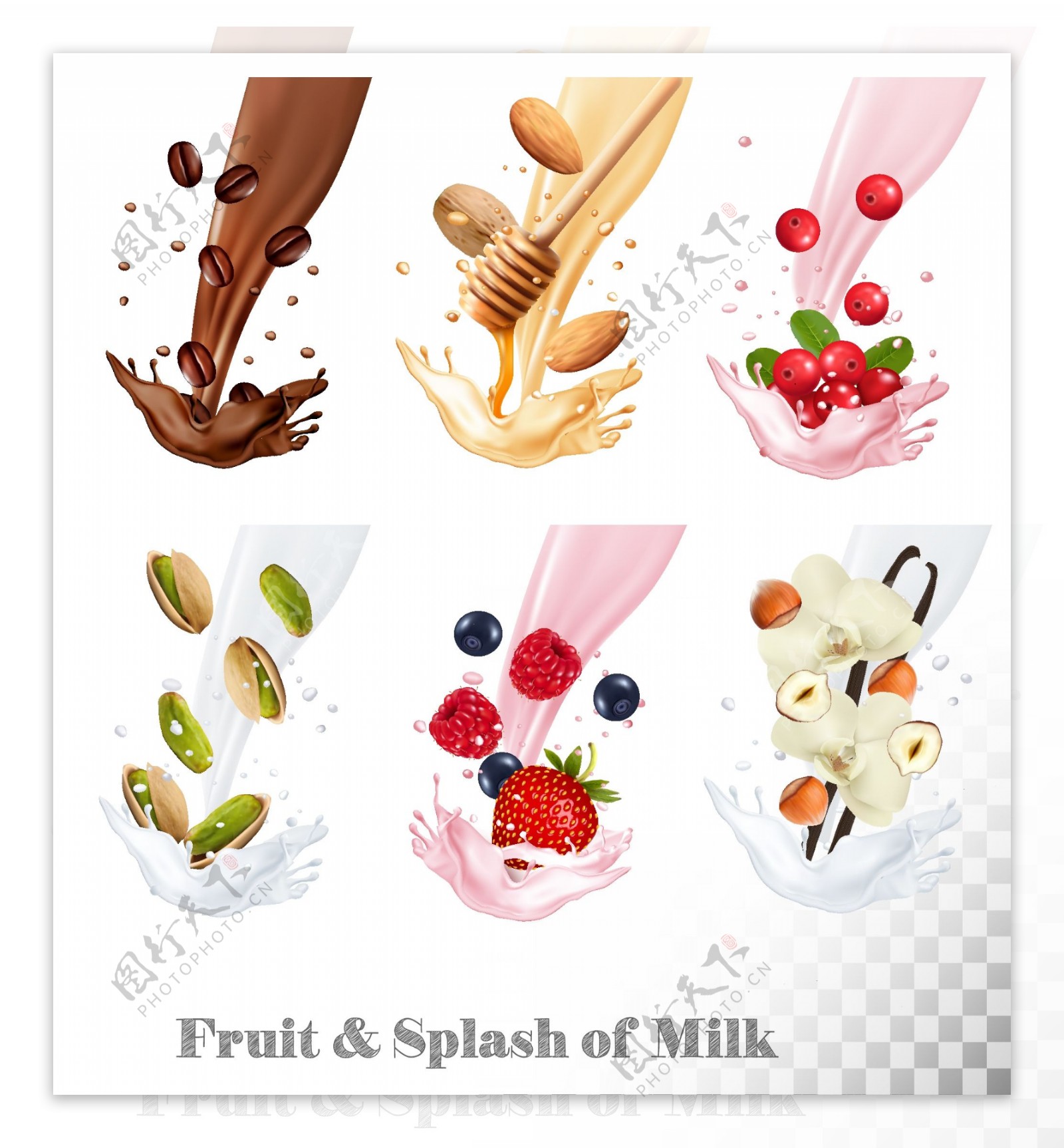 美味的牛奶和水果插画