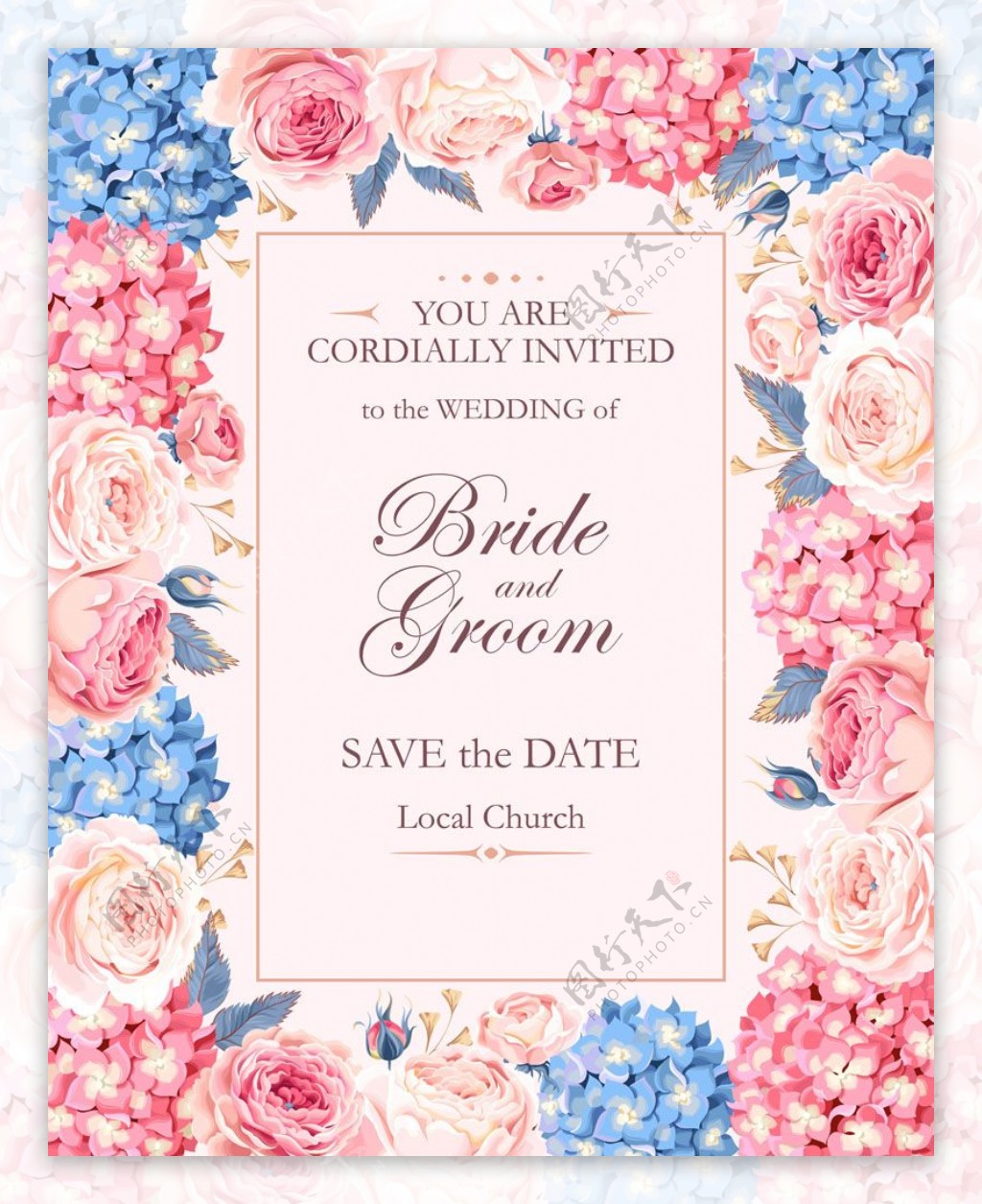粉色和蓝色花朵婚礼请贴图片