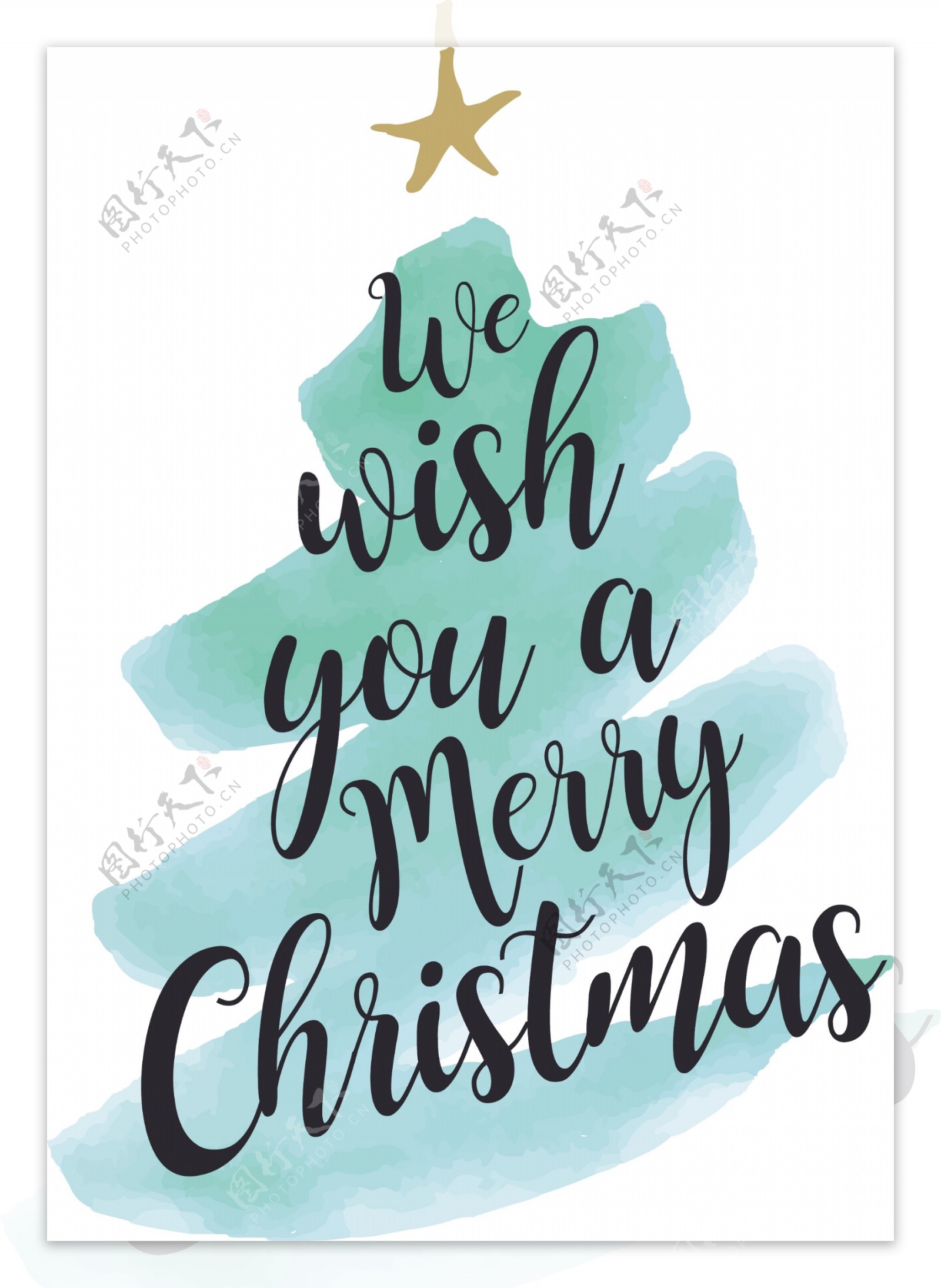 圣诞树蓝色水彩风格新年快乐矢量素材文件