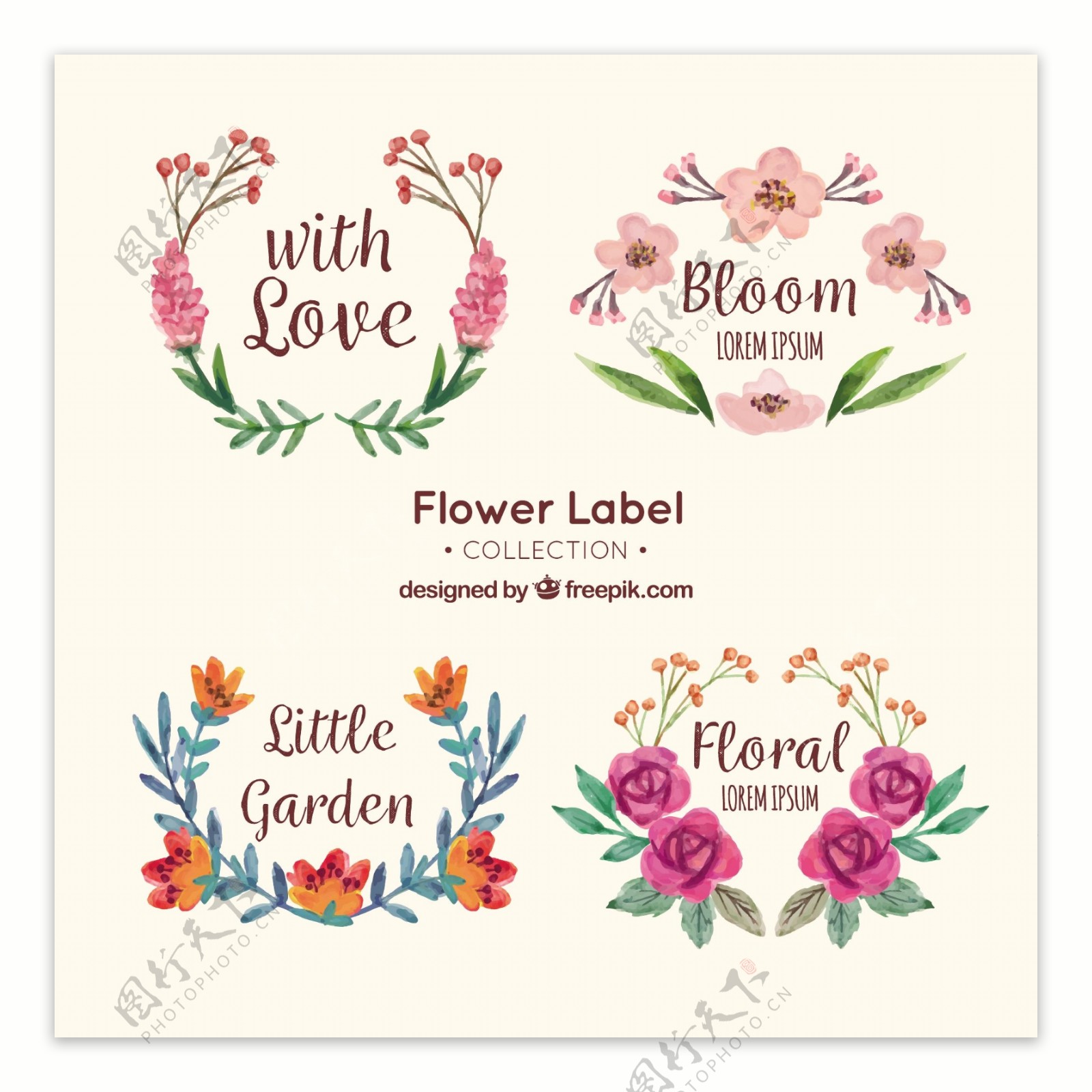手绘水彩风格花卉标签图标