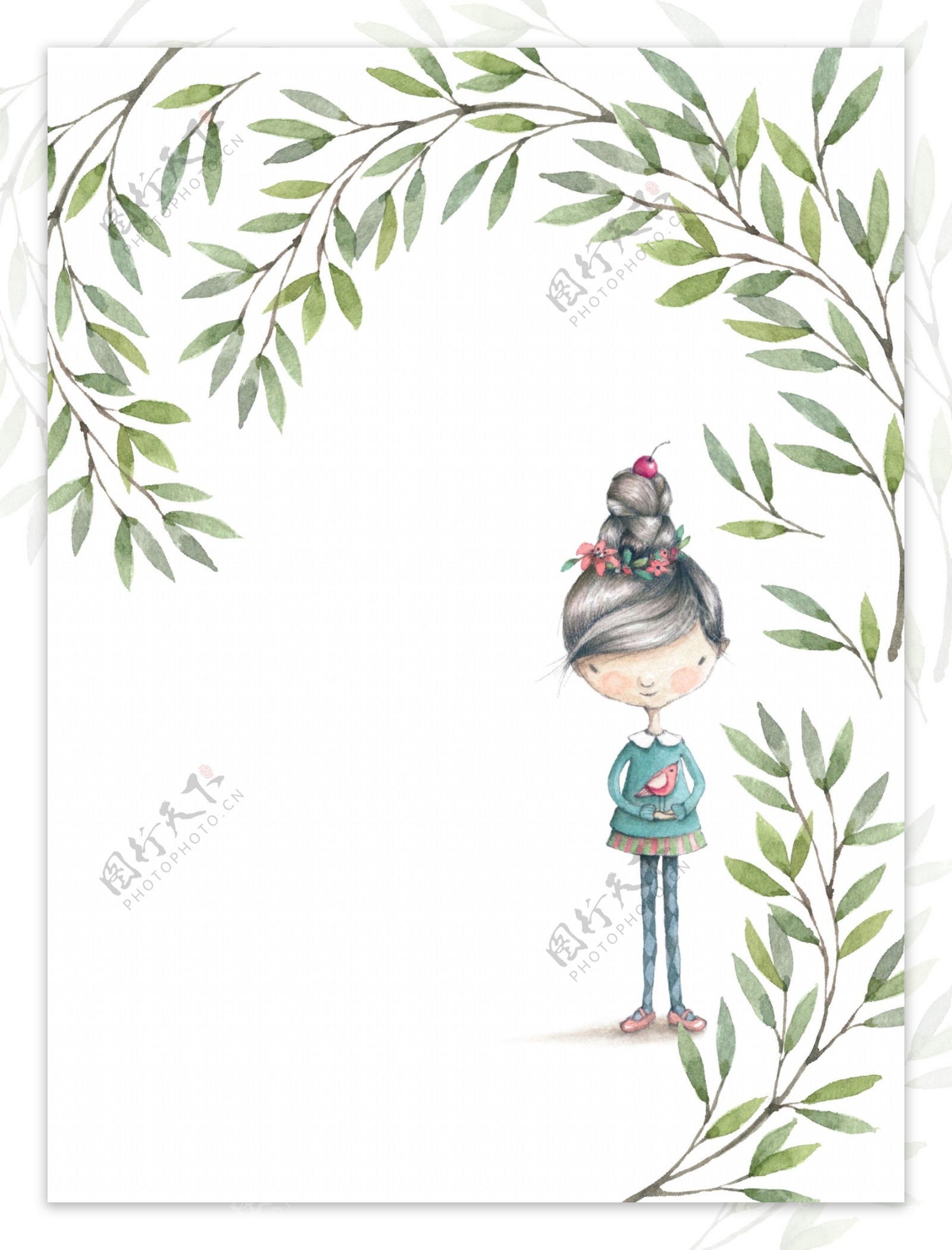 森系可爱女孩免抠背景印刷画册装饰设计素材