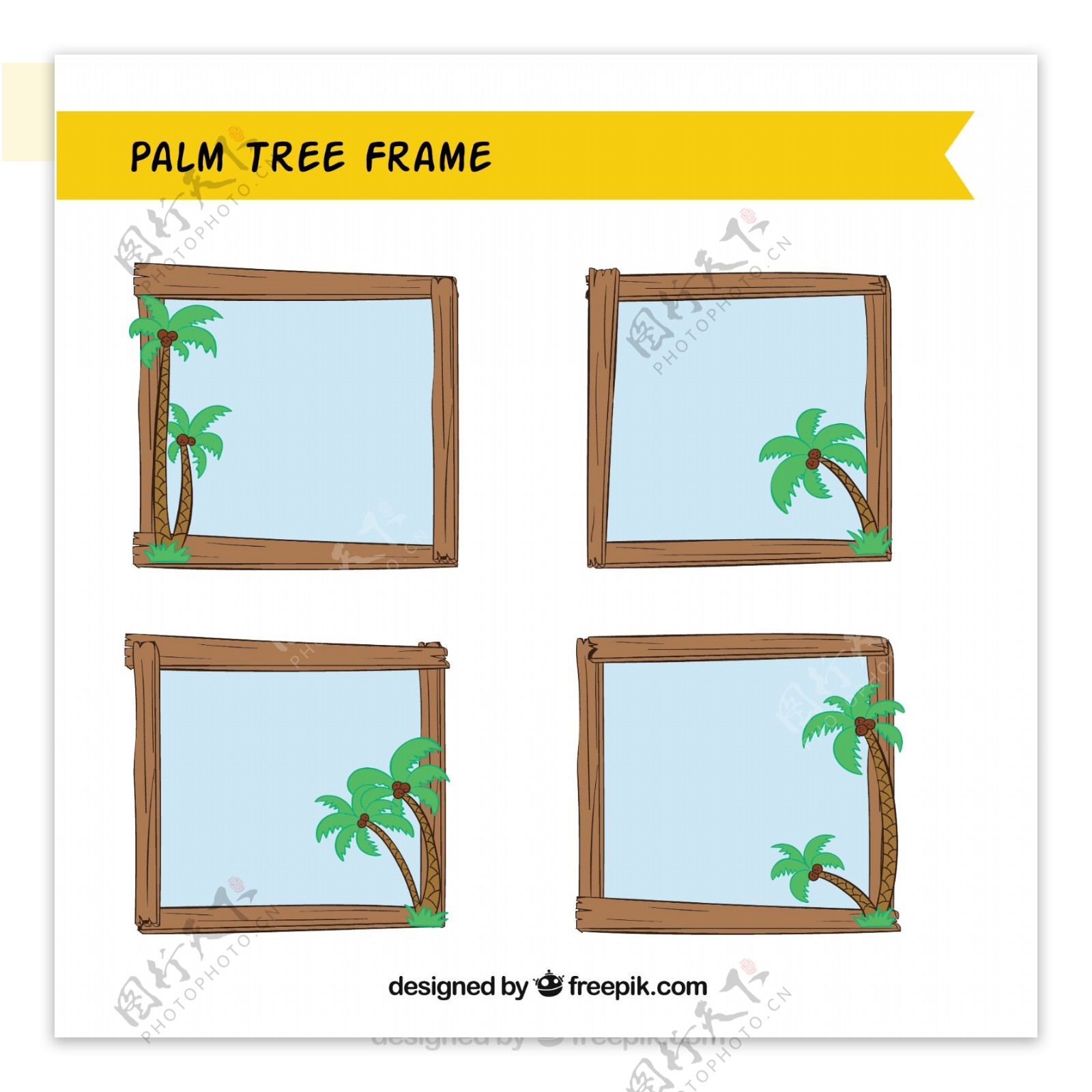 有棕榈树元素的木框架边框矢量设计素材