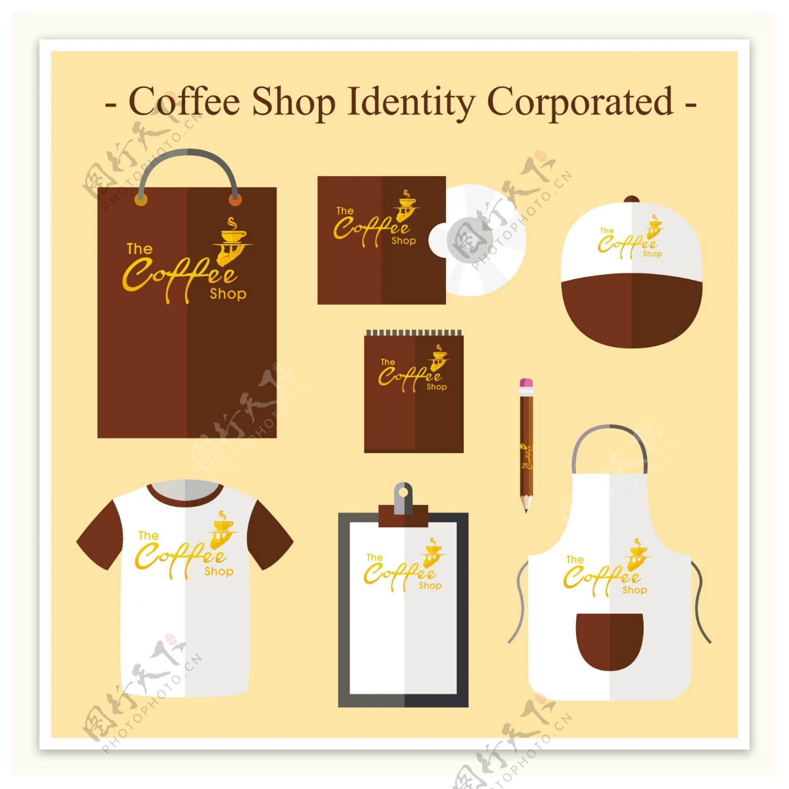 咖啡店身份集在棕色和白色自由向量