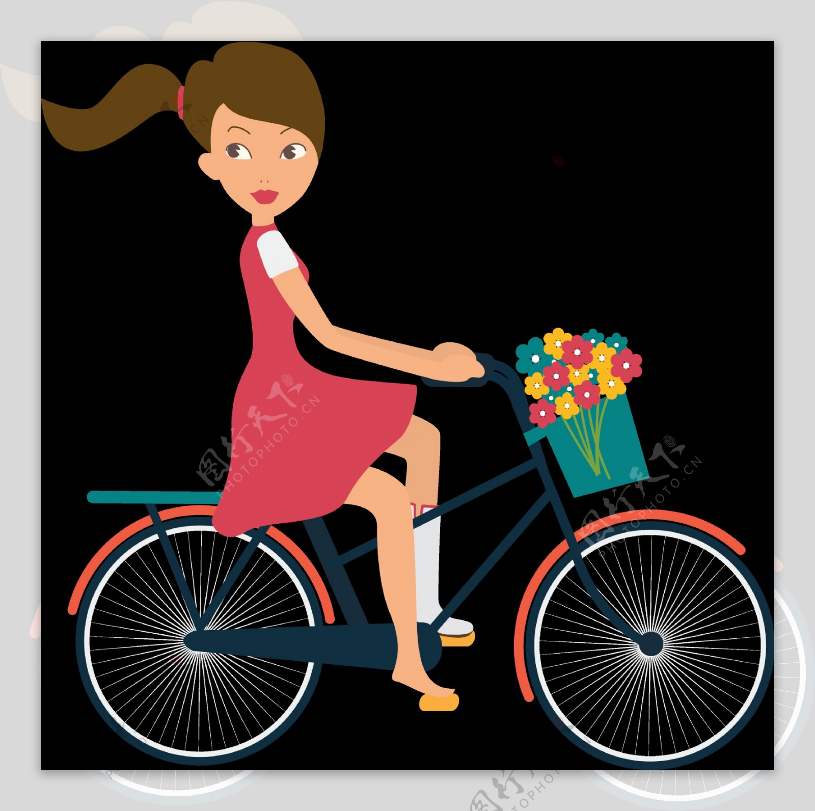 美女骑自行车插画免抠png透明图层素材