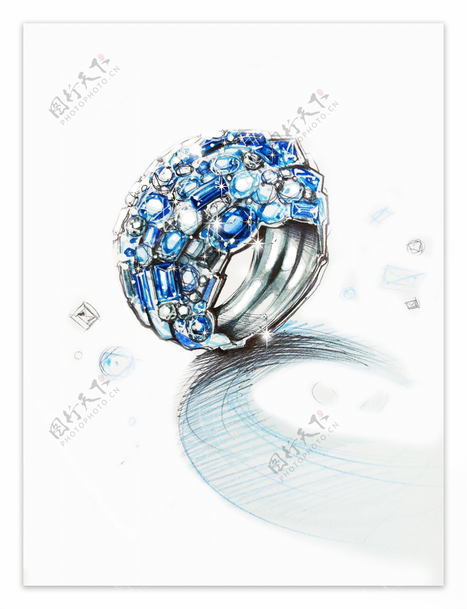 手绘闪耀蓝宝石指环钻戒设计素材