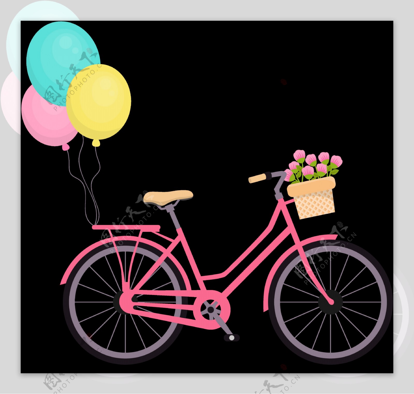 气球粉红自行车插画免抠png透明图层素材