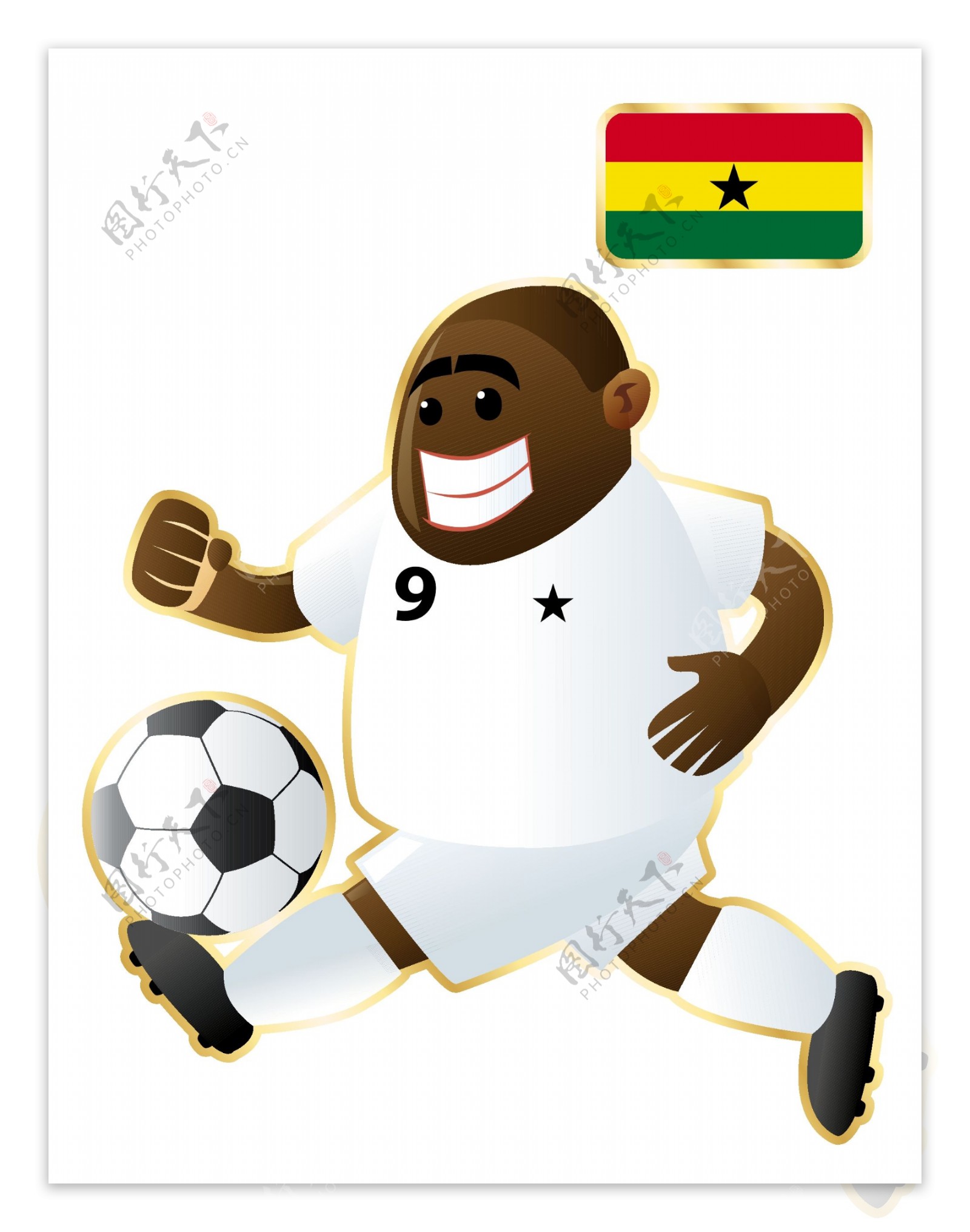 9号黑色皮肤国家足球卡通人物形象矢量图