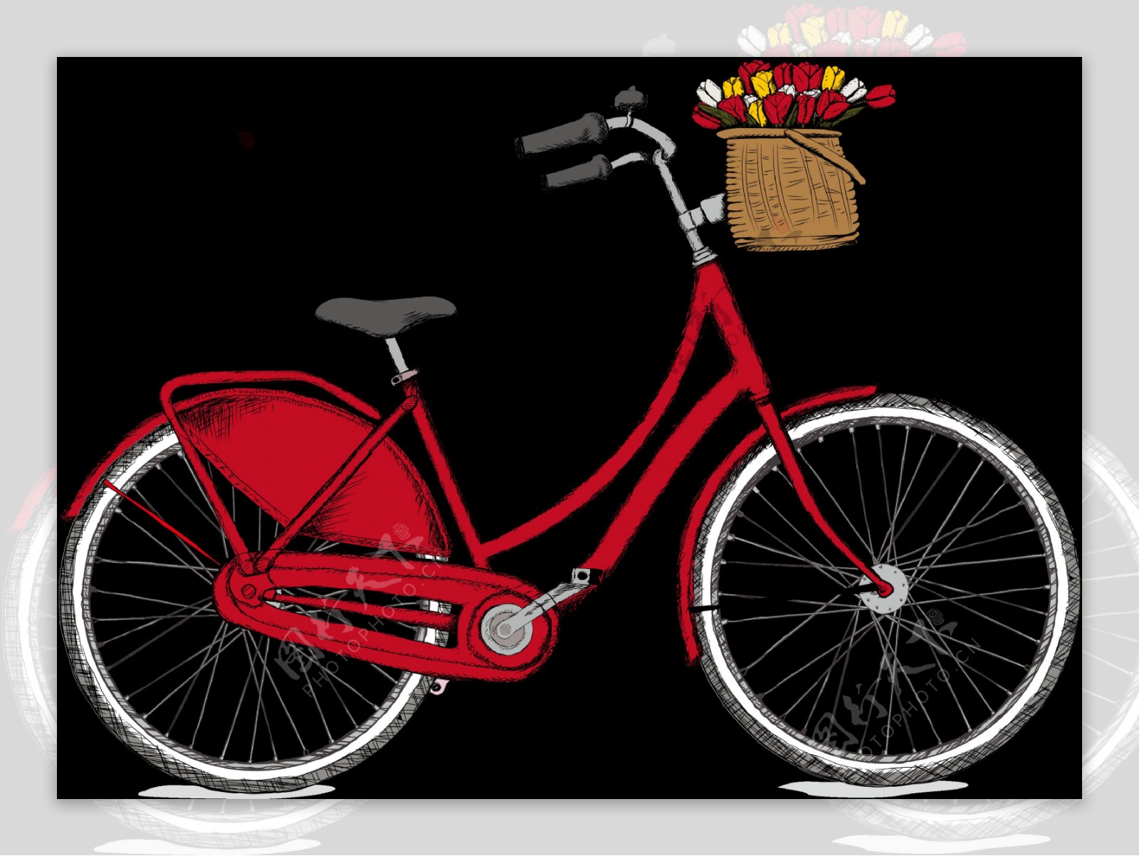 红色手绘自行车插画免抠png透明图层素材