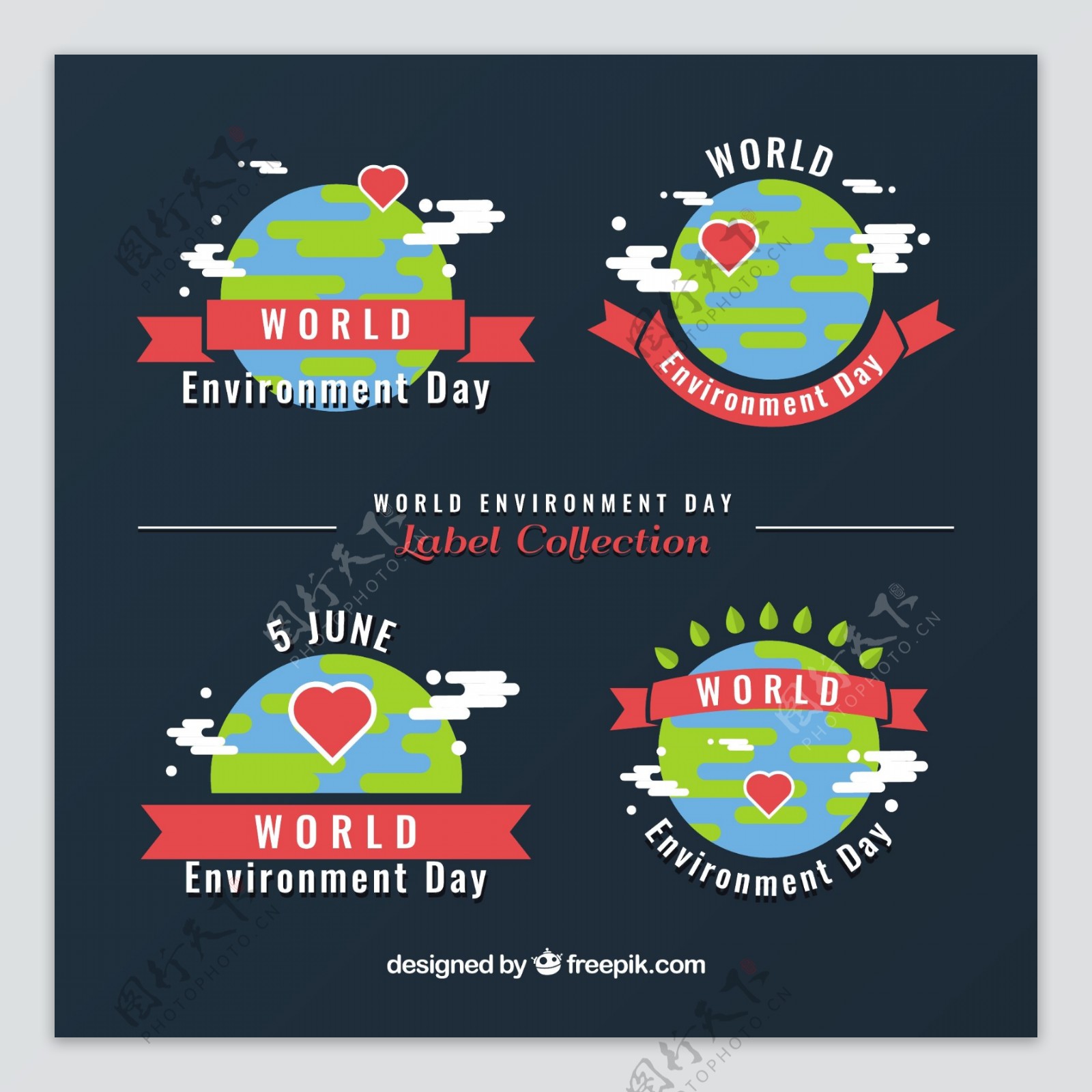 带丝带和红心的四世界环境日标签